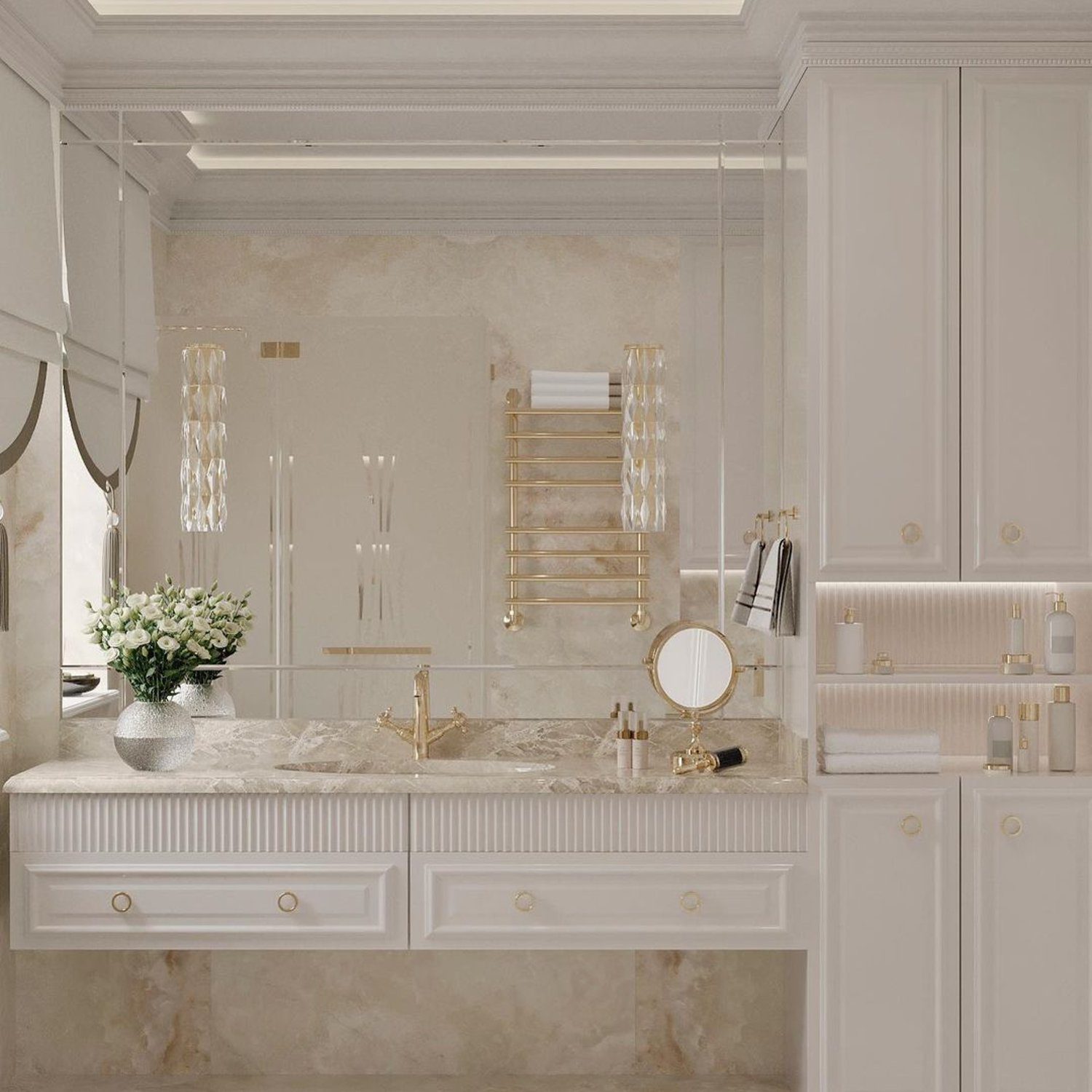 Luxurious marble-finished bathroom with gold accents