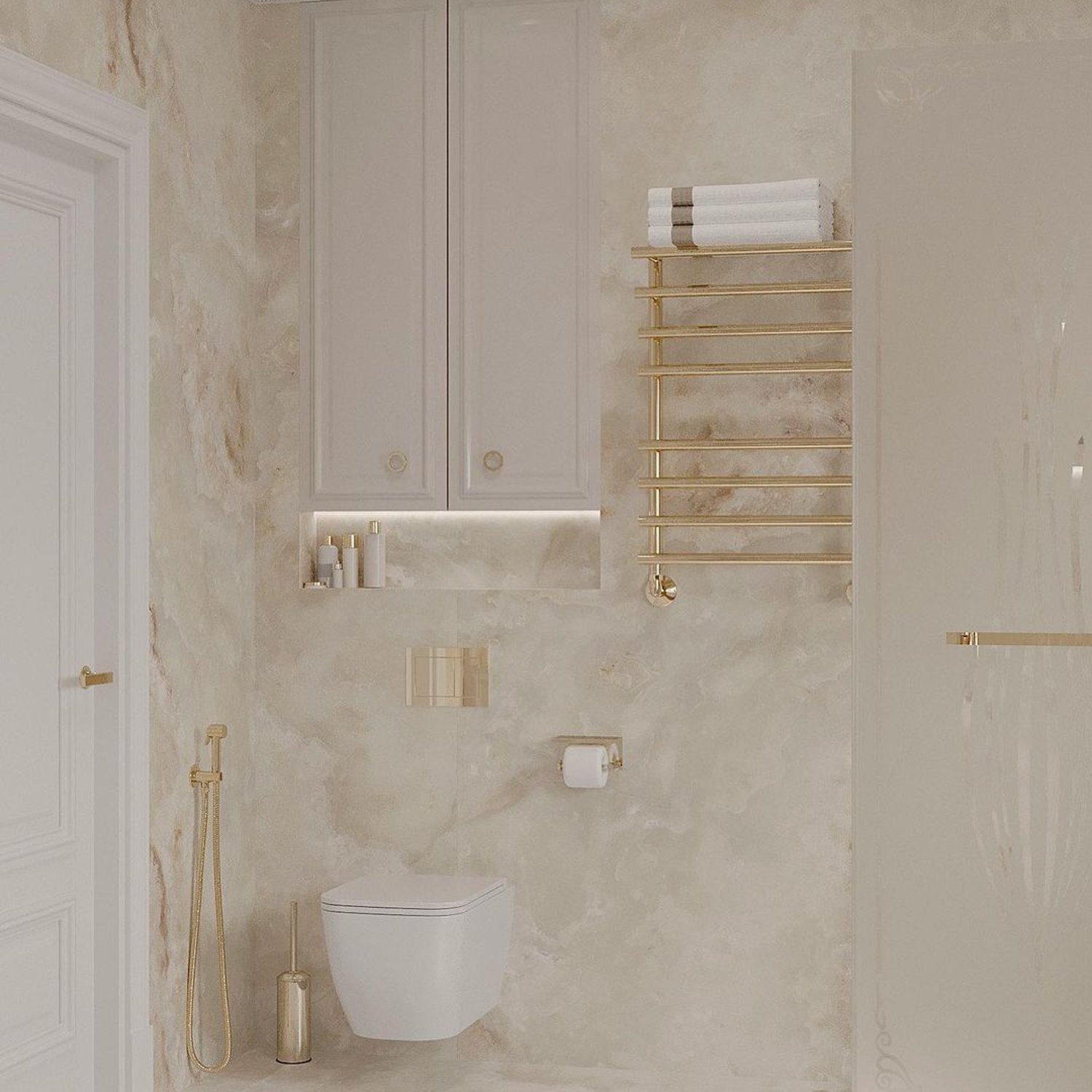 Elegant cream-colored bathroom with gold accents