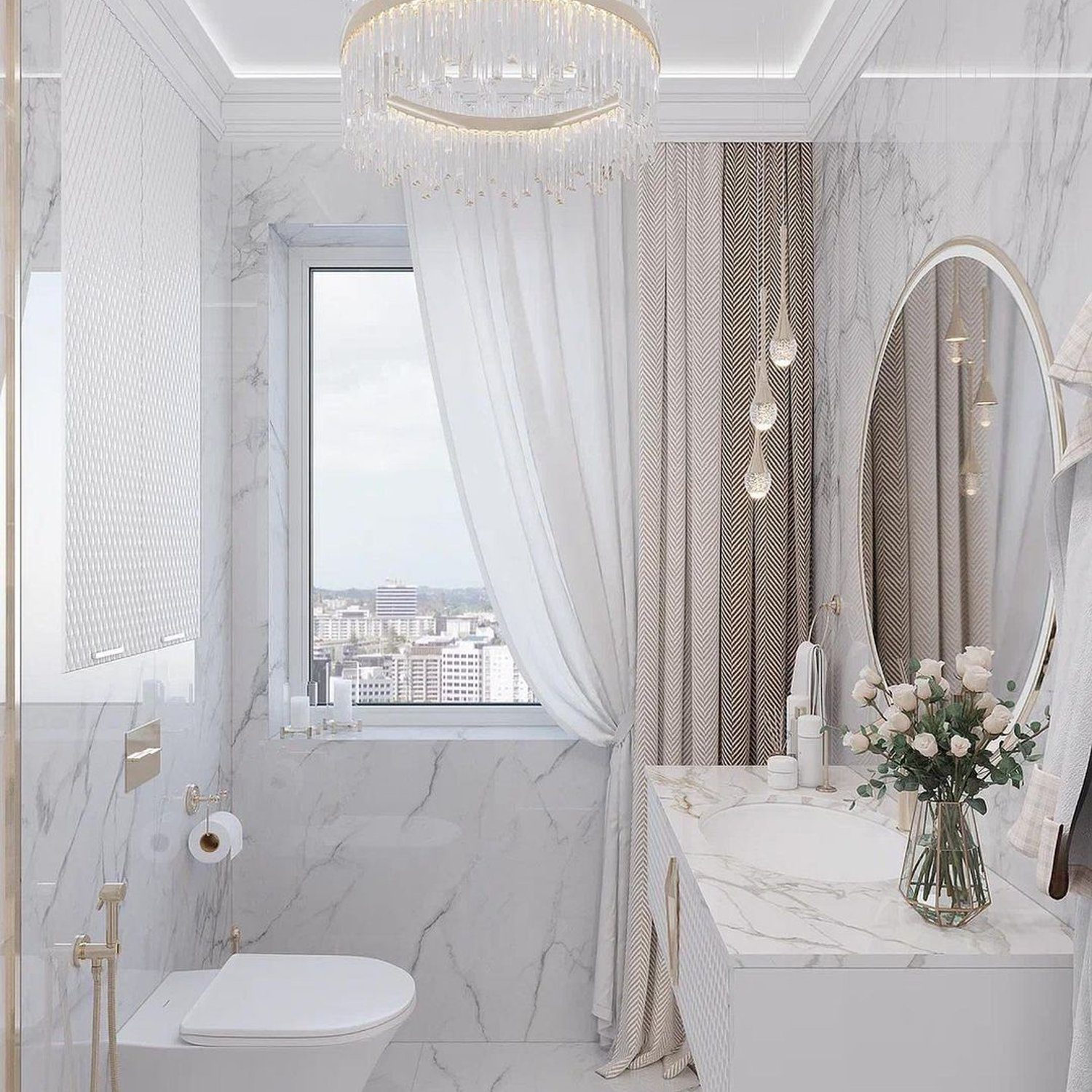 Luxurious marble bathroom with natural light