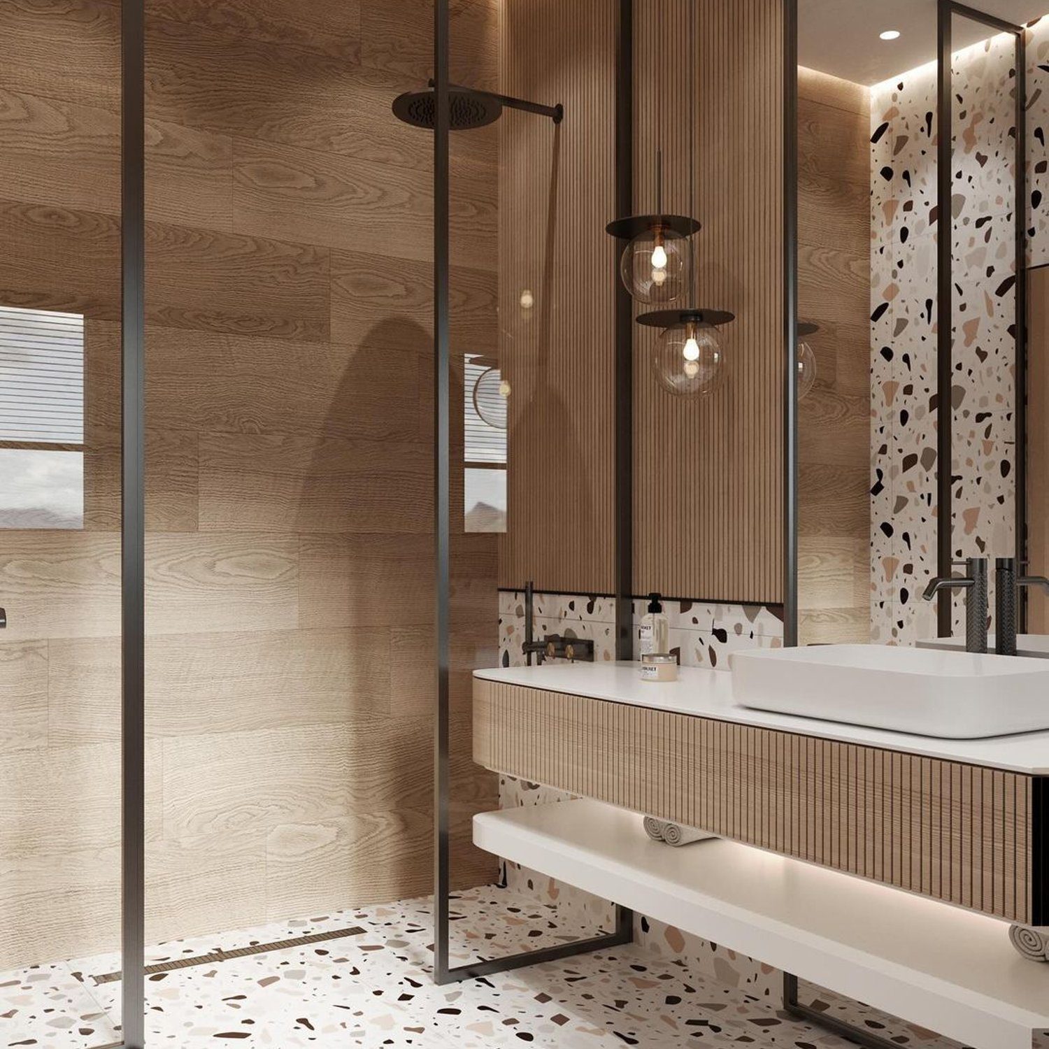 Modern and elegant bathroom with wood accents and terrazzo flooring