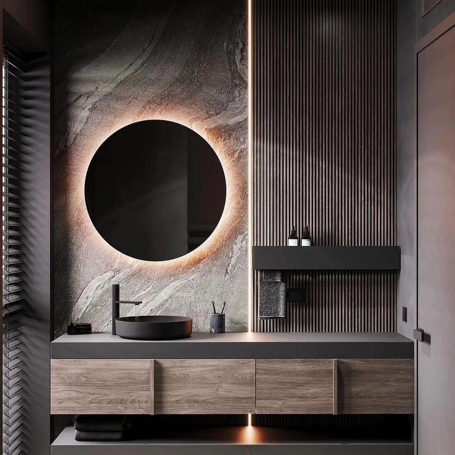 Elegant and modern bathroom design with round mirror