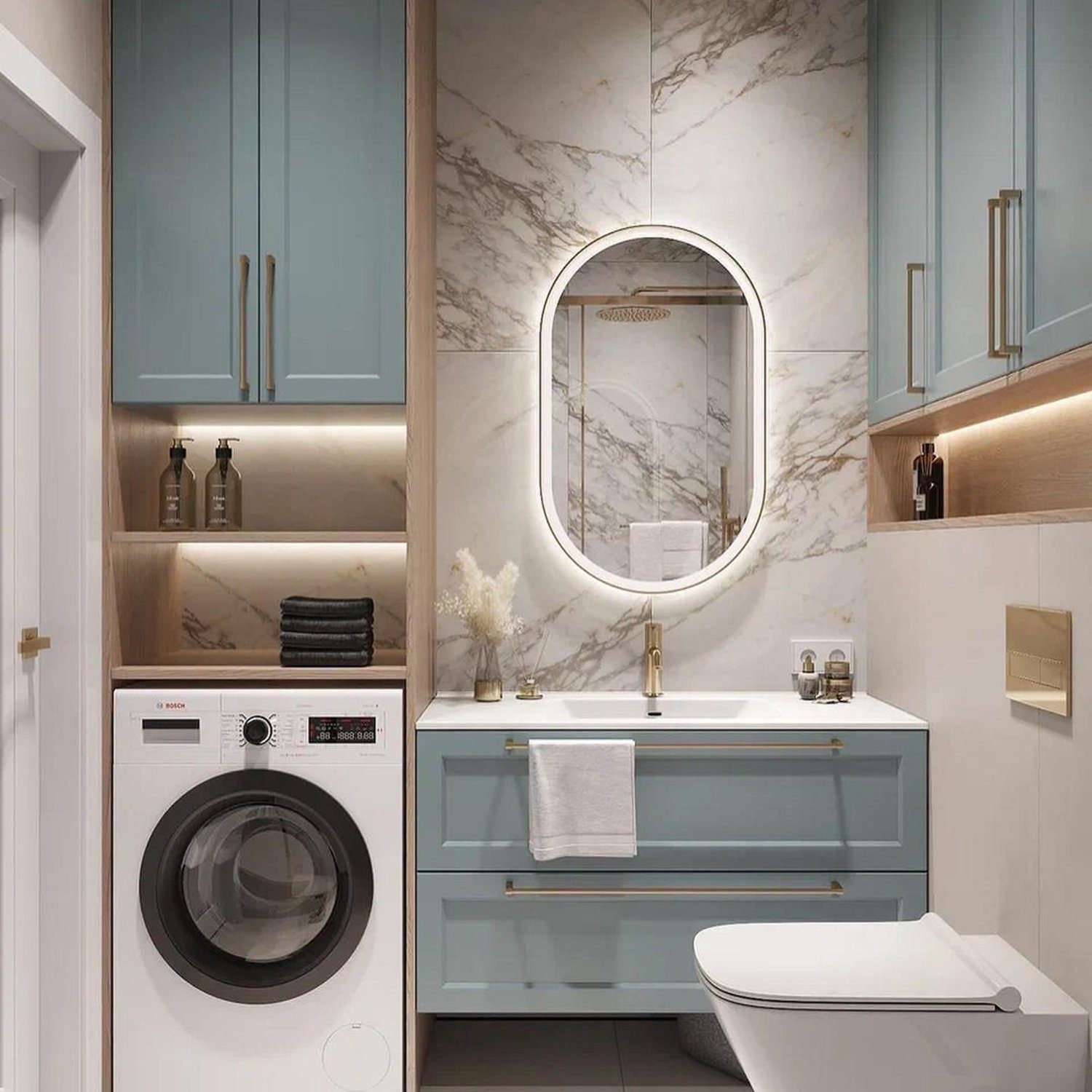 Elegant teal and marble bathroom with integrated laundry facilities