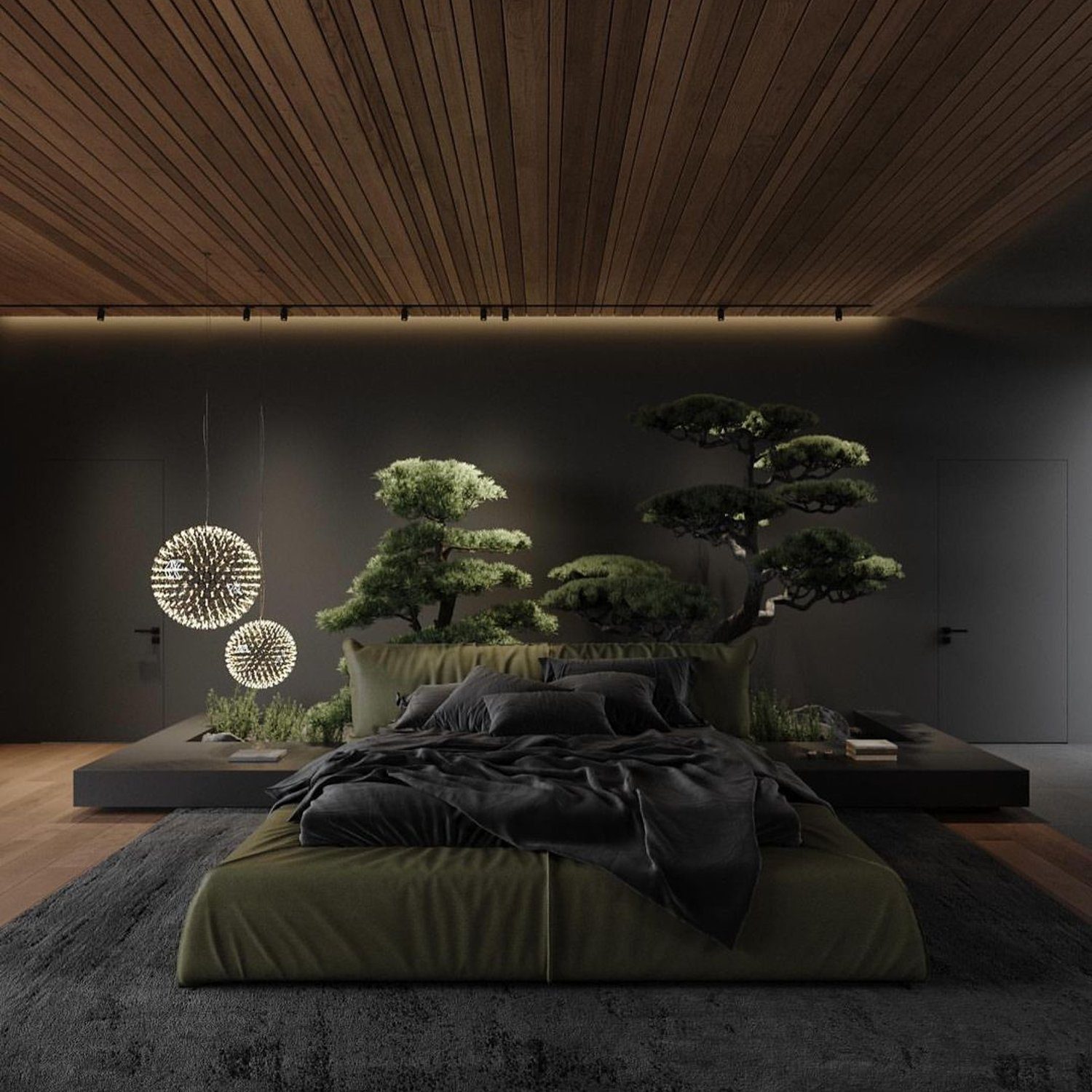 Zen-inspired bedroom with bonsai trees