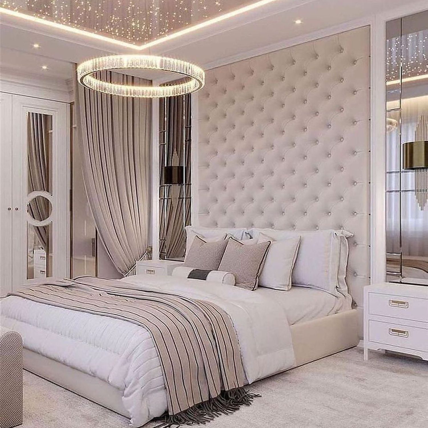 Elegant bedroom with starlight ceiling and tufted headboard