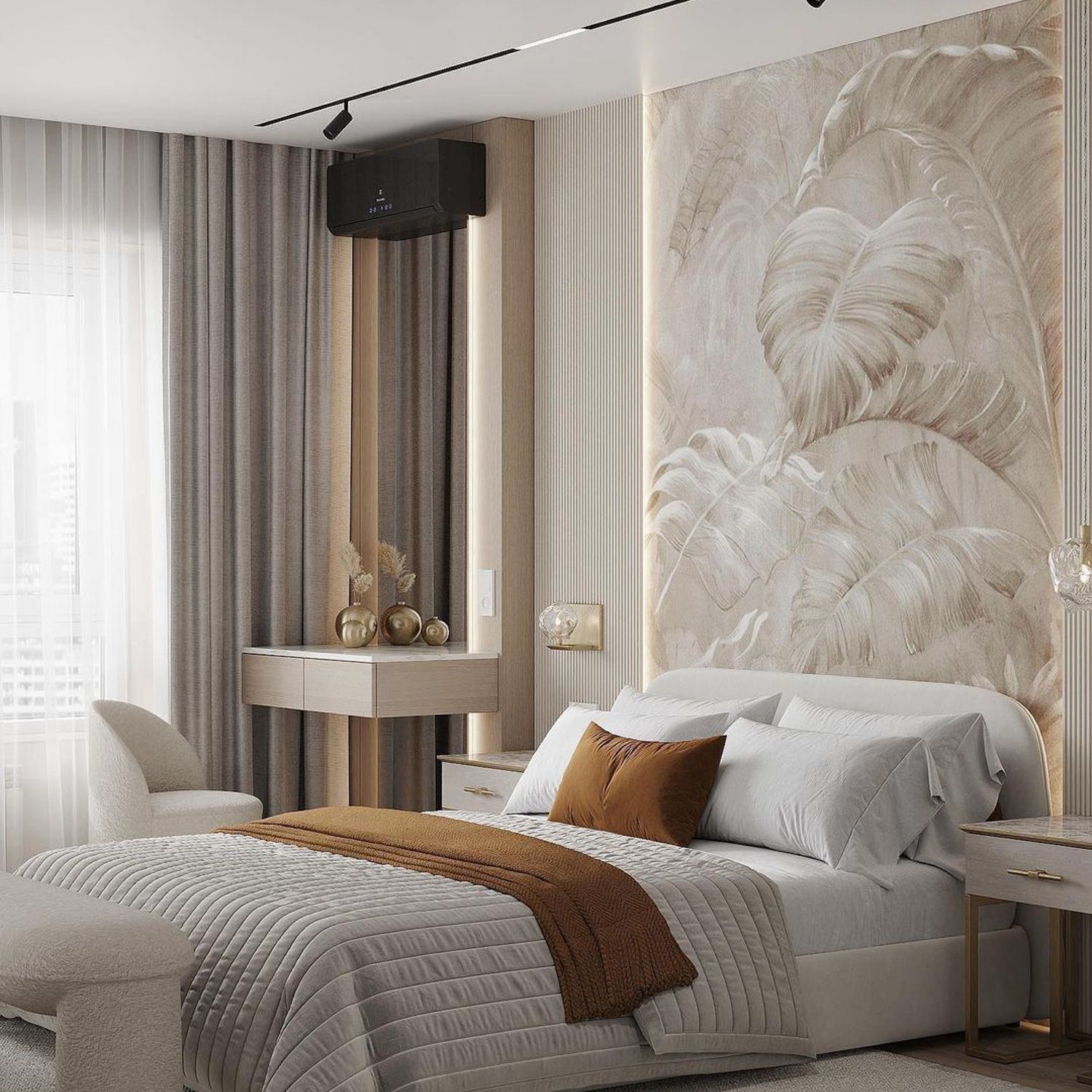 Elegant and modern bedroom with soft neutral tones