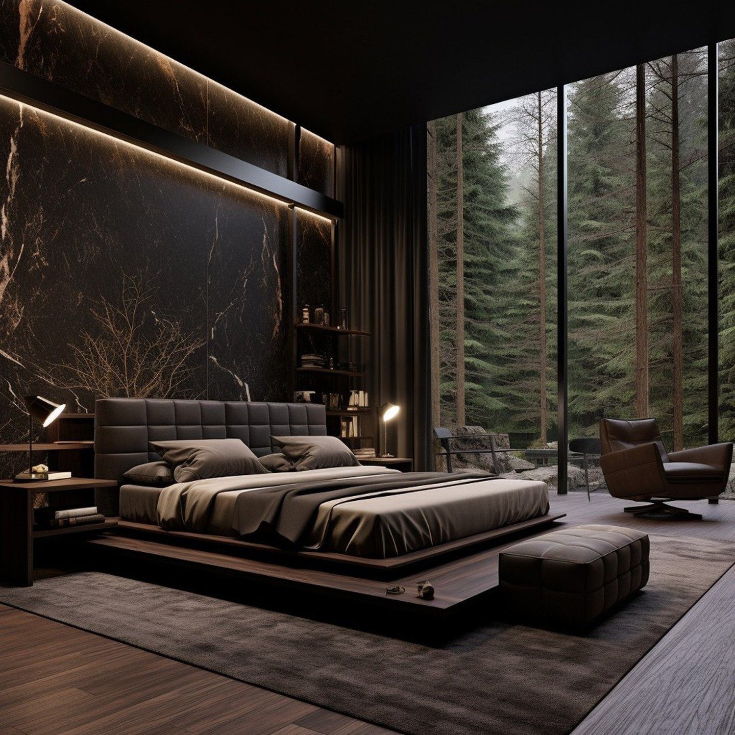 A luxurious dark-toned bedroom with a panoramic view of a forest