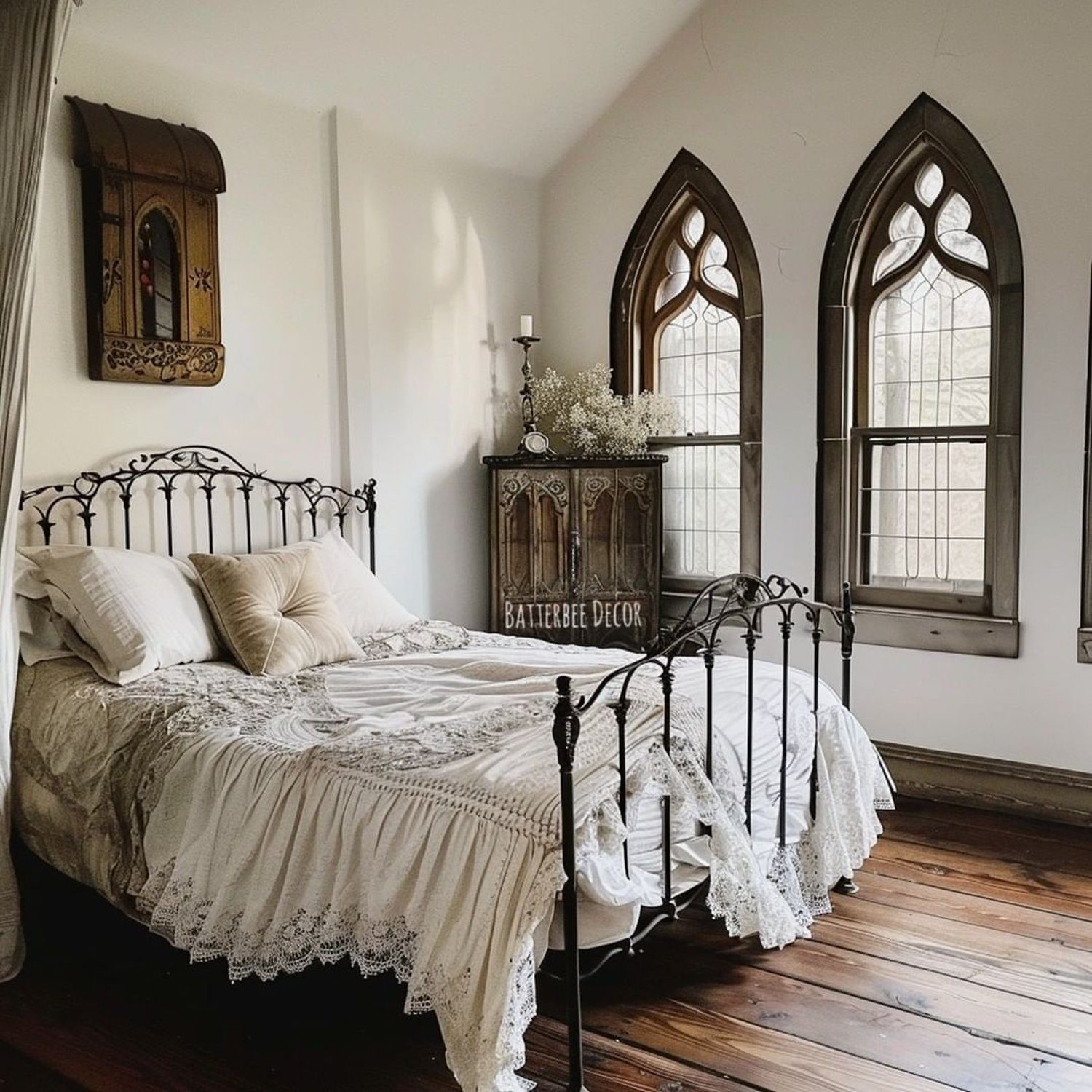 Elegant bedroom with Gothic windows