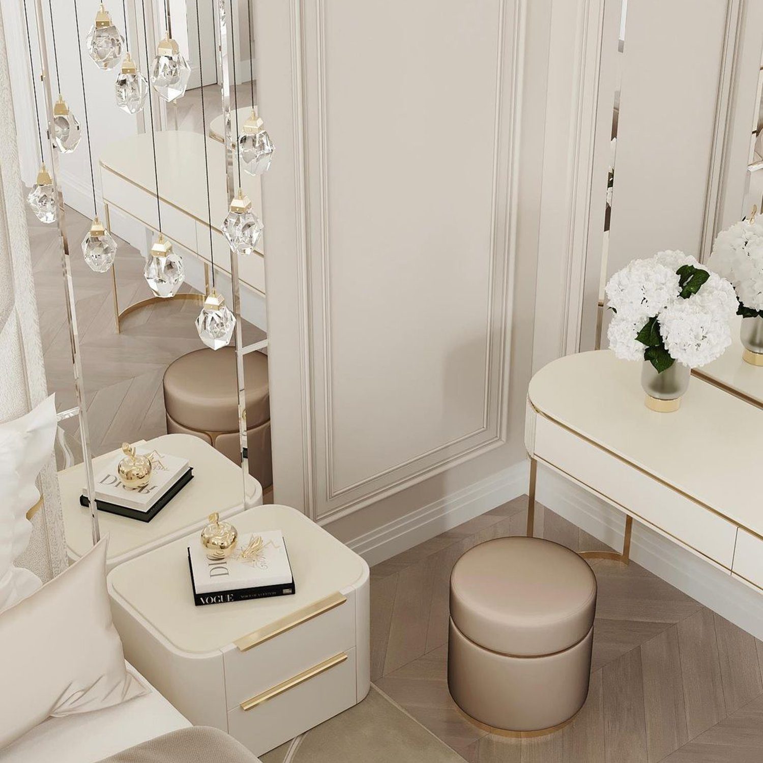 Elegant and serene bedroom corner featuring a chic vanity setup