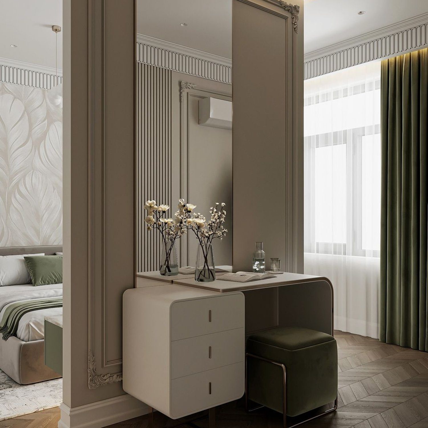 Elegant and modern dressing area with a hint of classic detailing