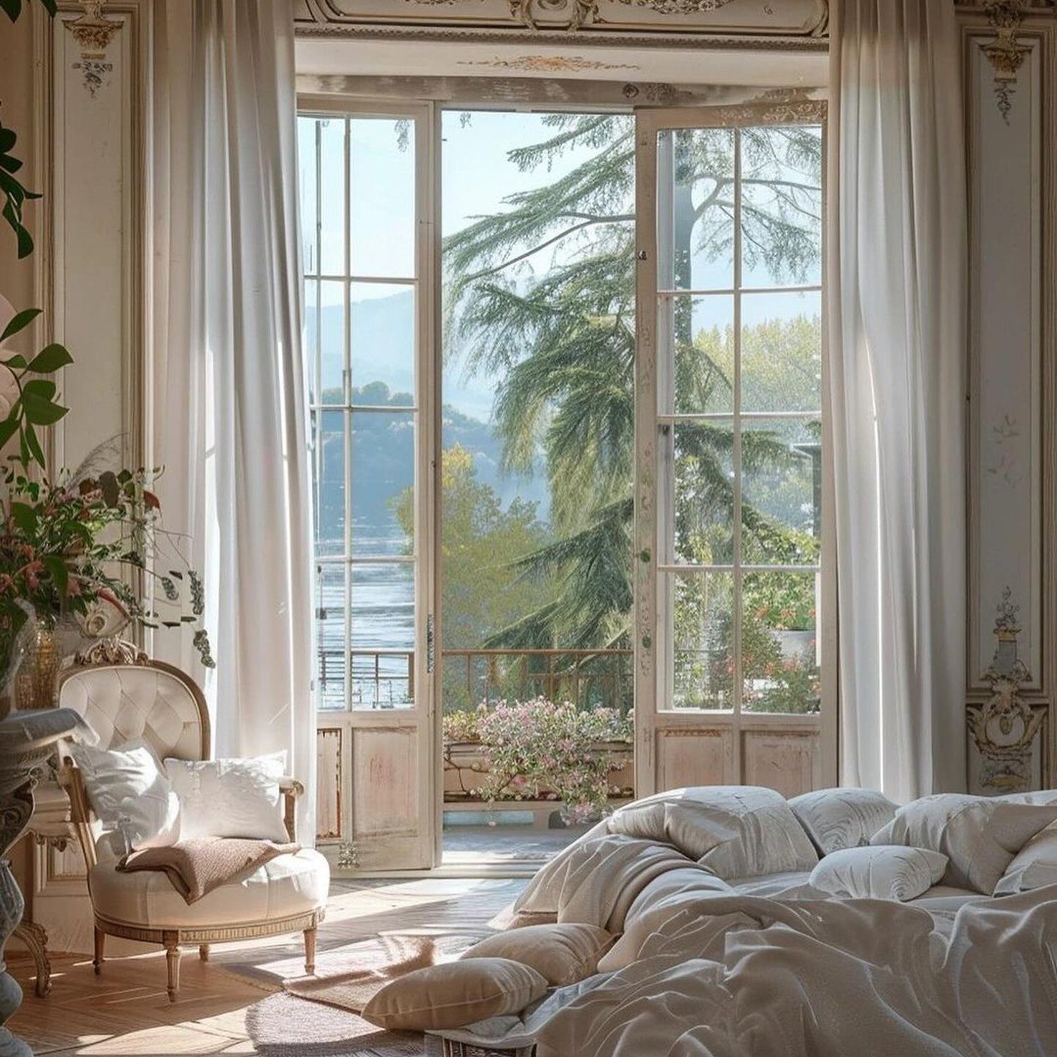 A serene classical bedroom overlooking a scenic view