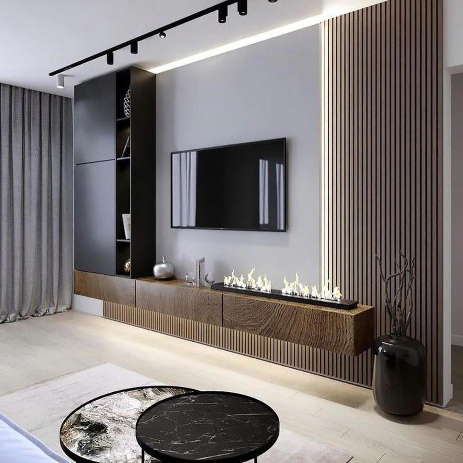 Modern and stylish bedroom with an integrated fireplace