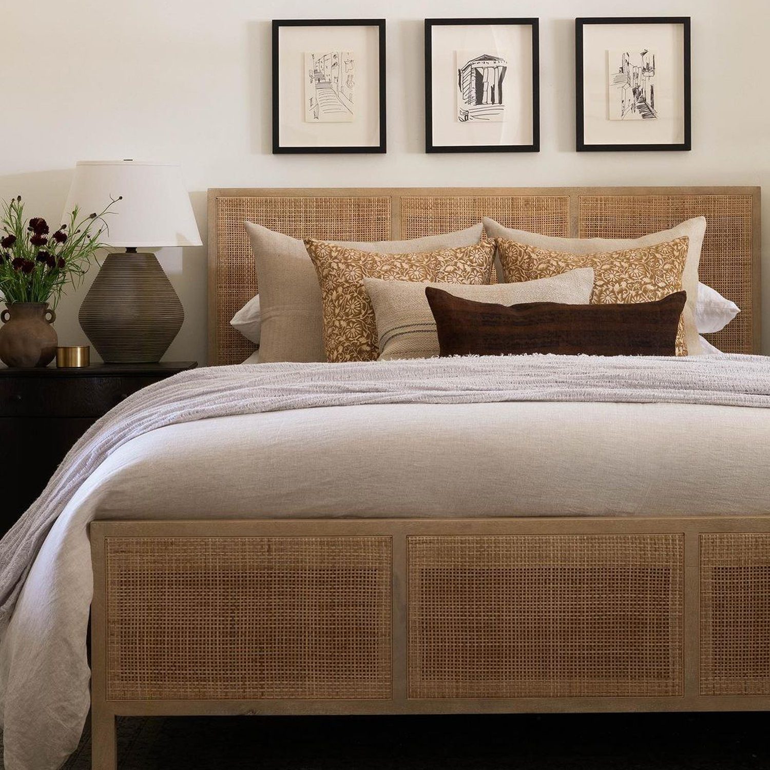 Elegant bedroom featuring a woven headboard