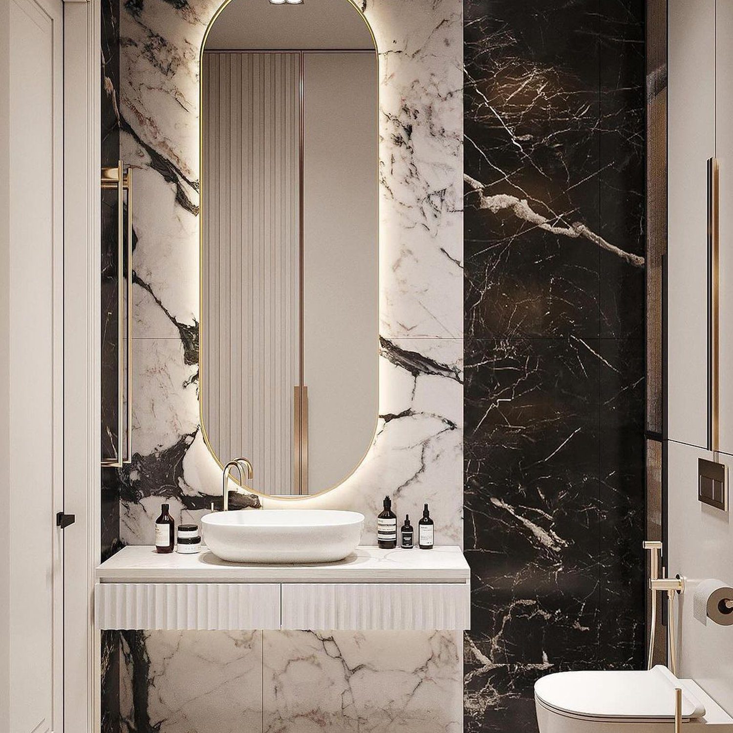 Elegant bathroom design featuring marble textures and gold accents