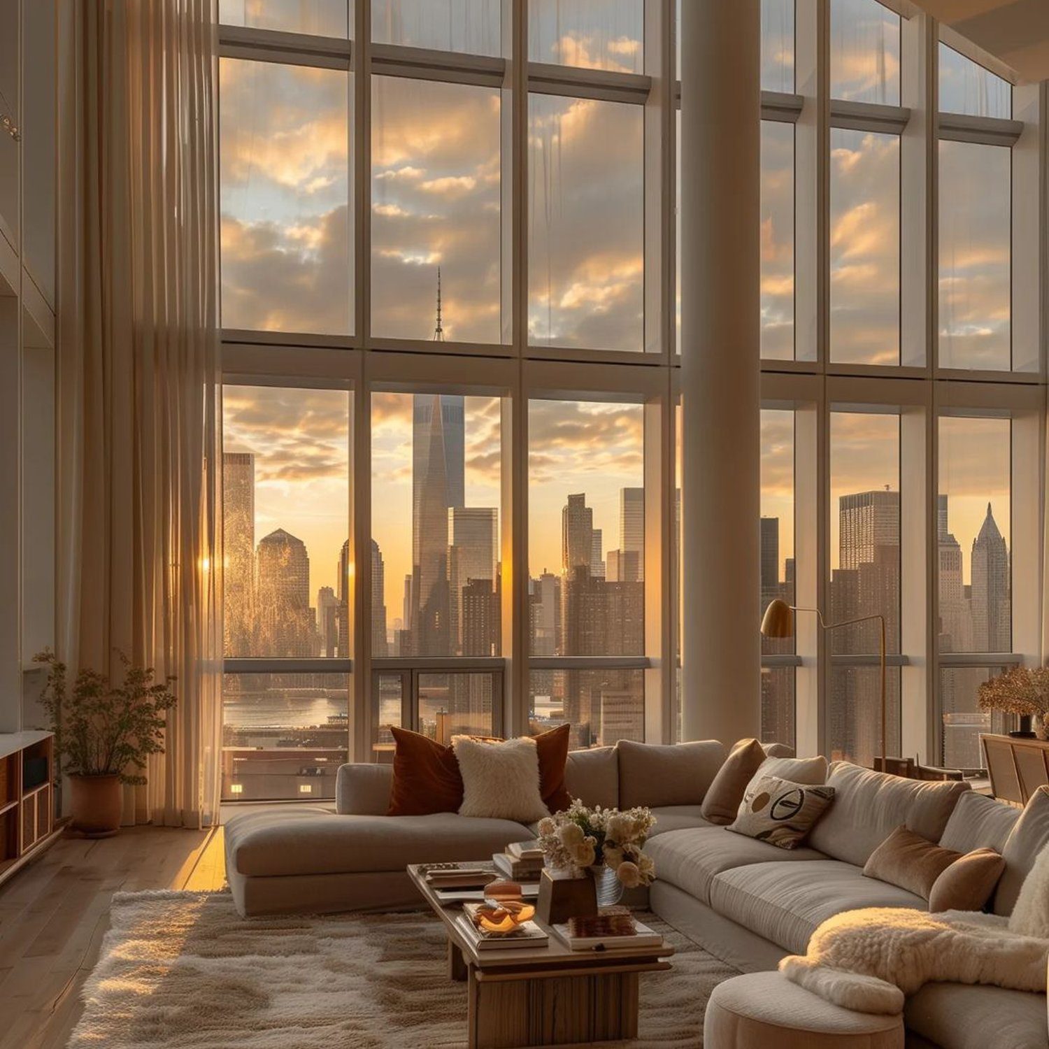 Elegant living room with floor-to-ceiling windows offering a panoramic city view