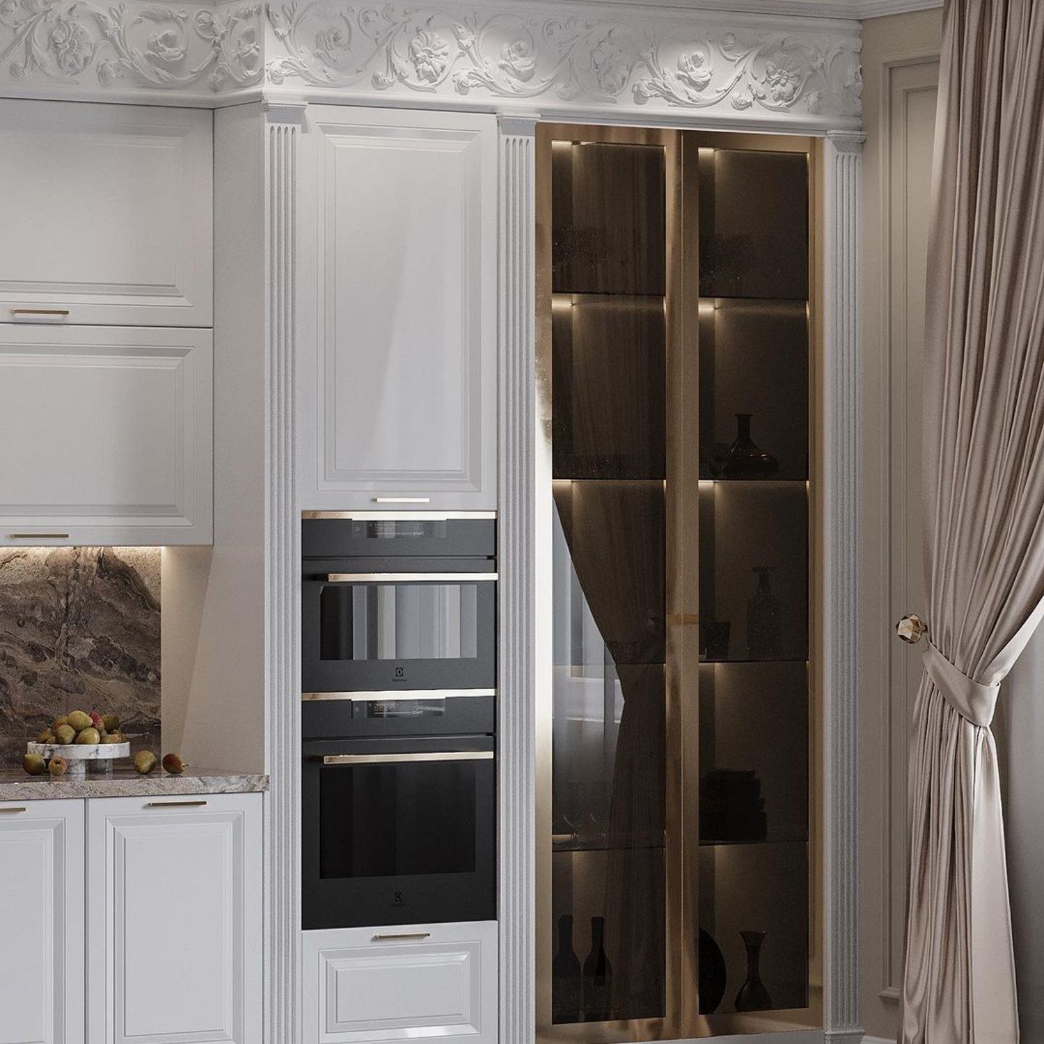 Elegant classic kitchen corner with ornamented cornice