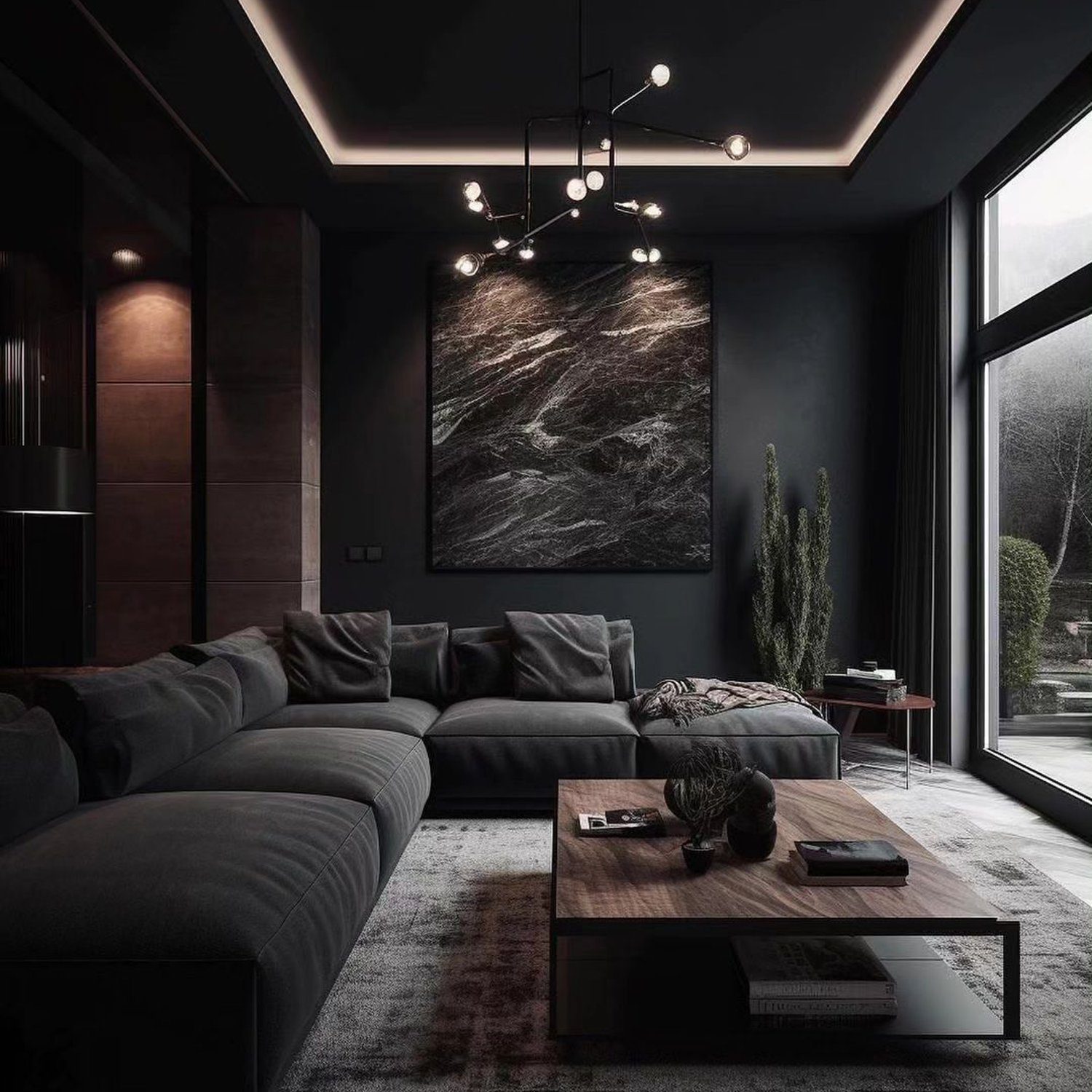 A sophisticated living room featuring dark hues and modern design elements