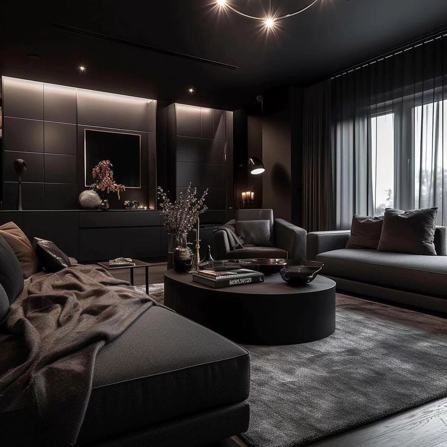 Elegant dark-themed living room with a cohesive color palette