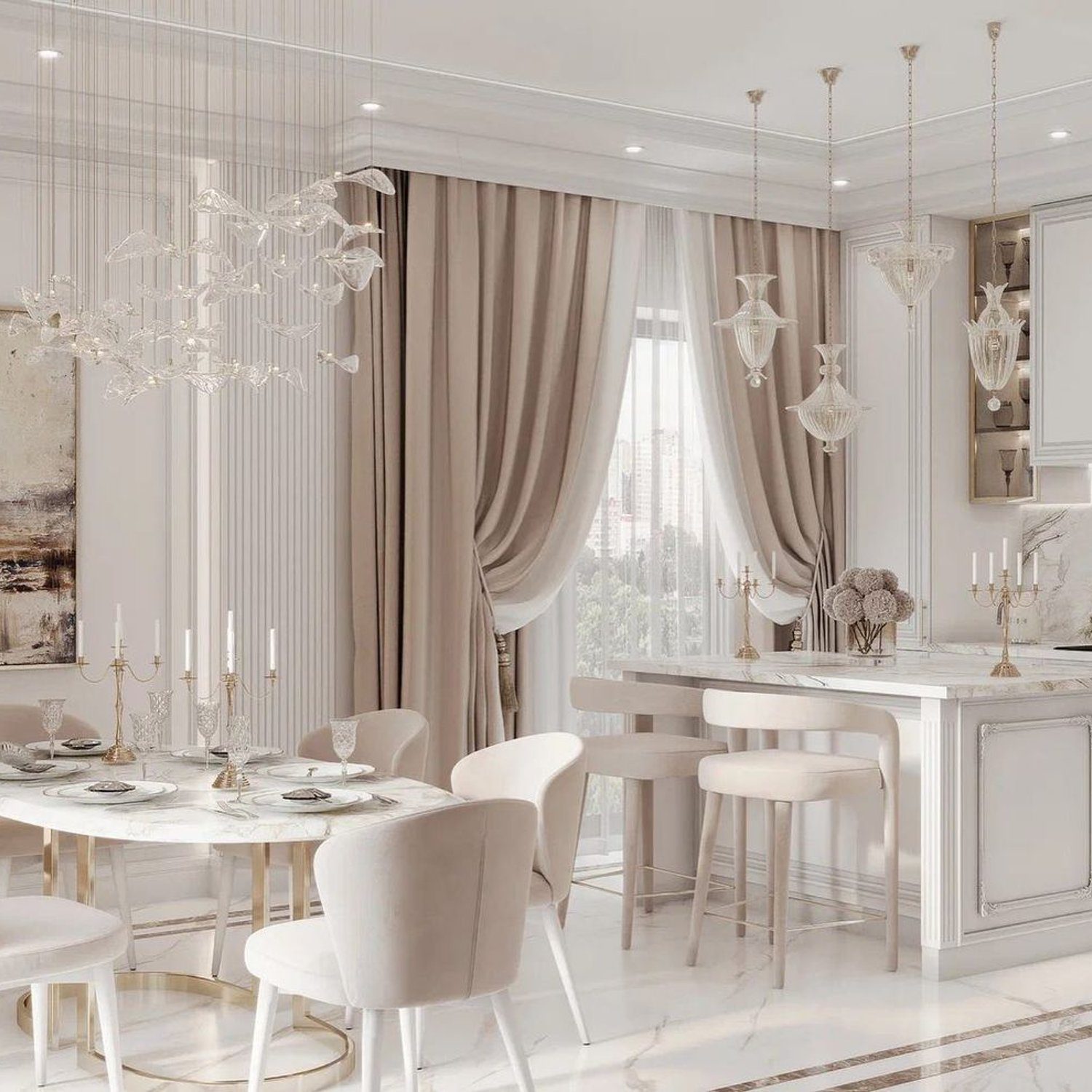 Elegant dining and kitchen area with luxurious decor