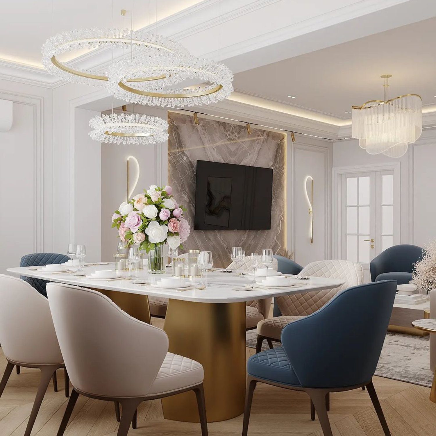 Elegant dining room with sophisticated lighting