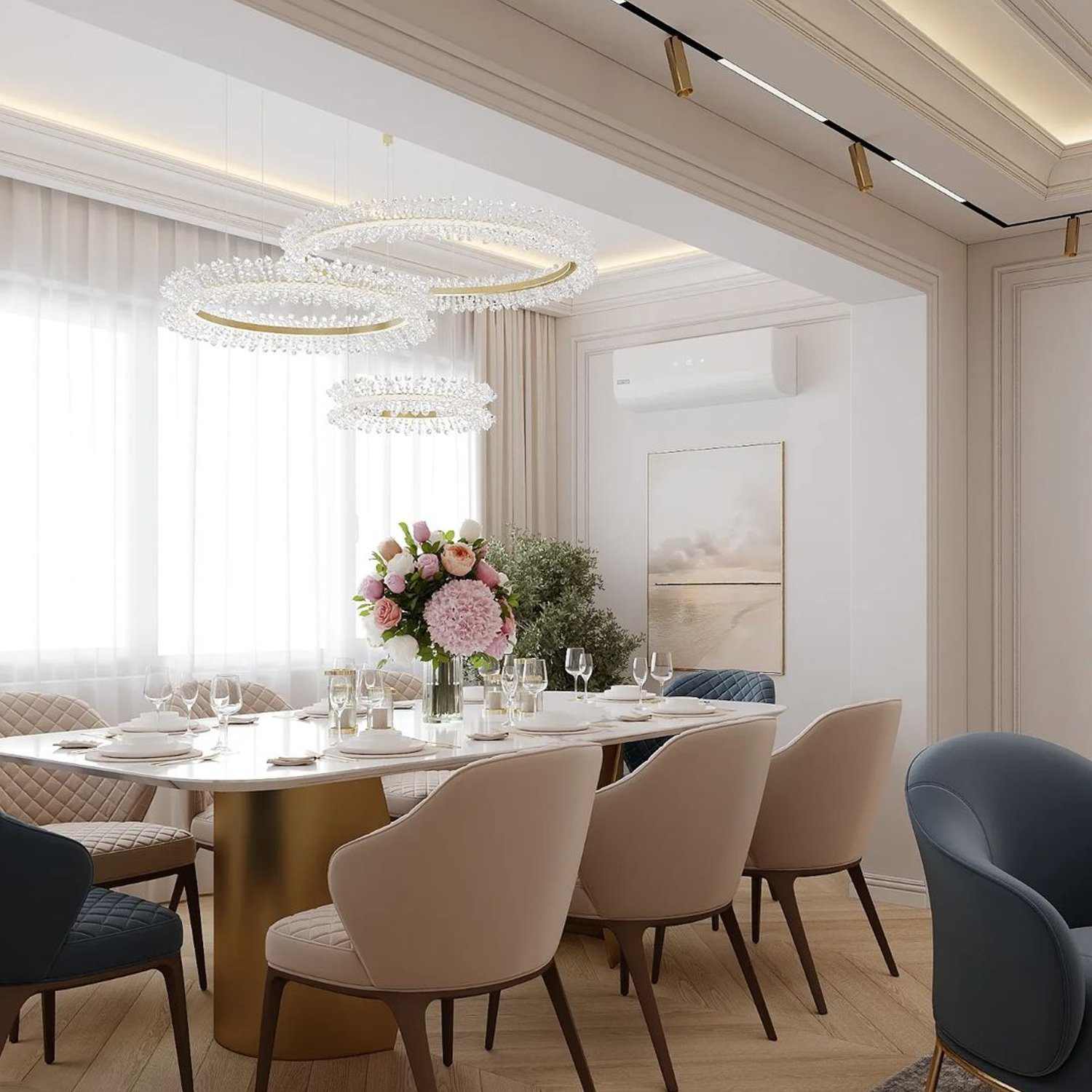 Elegant dining room with modern chandeliers and tasteful decor