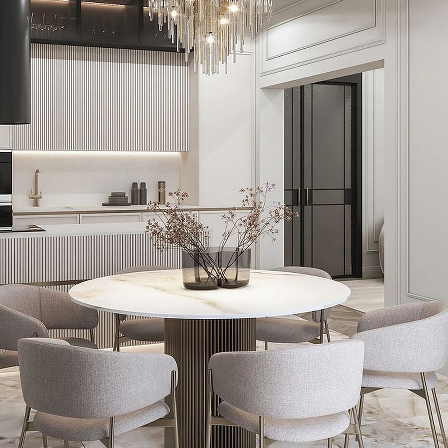 A contemporary kitchen design featuring a chic dining area