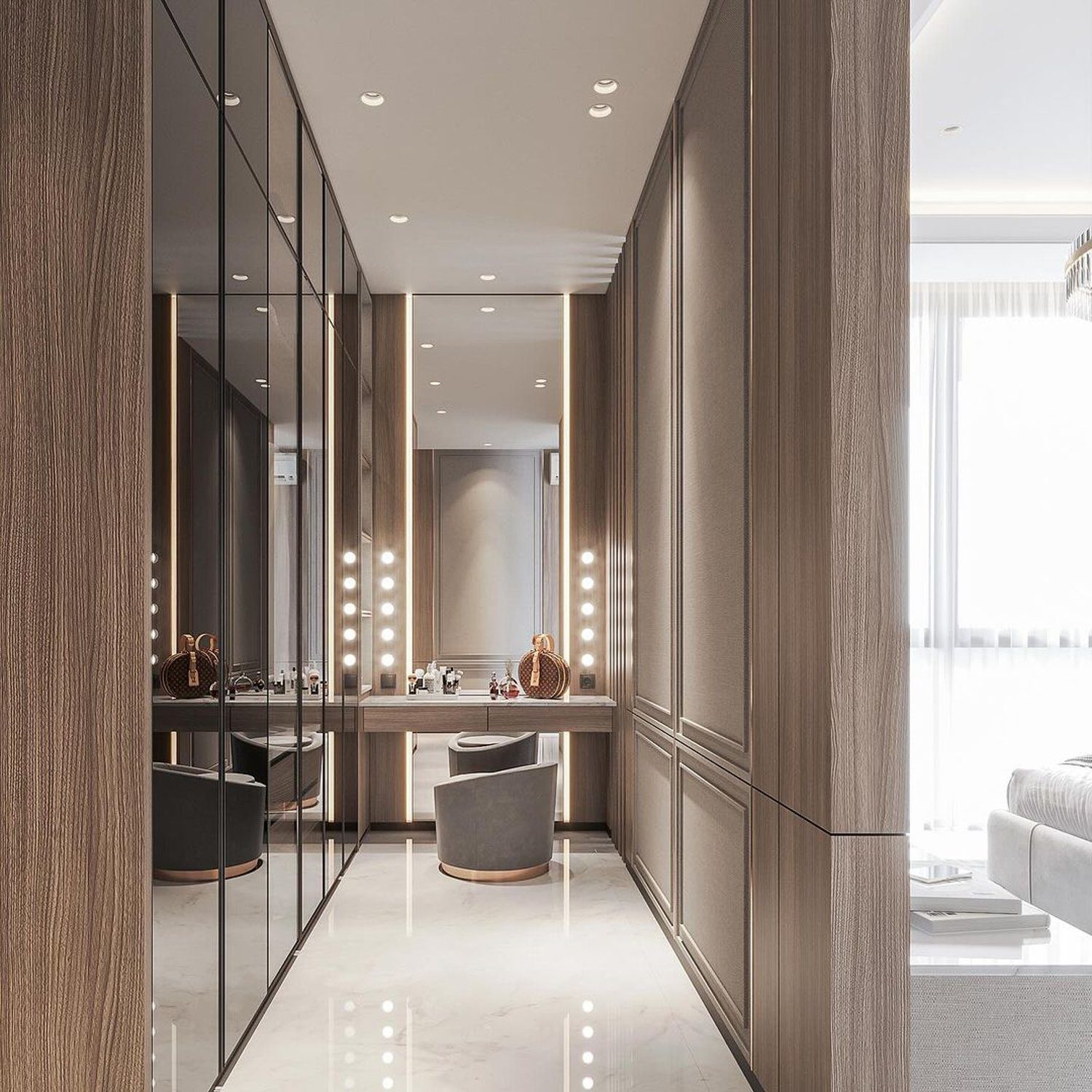 Elegant and Modern Dressing Room with Reflective Surfaces