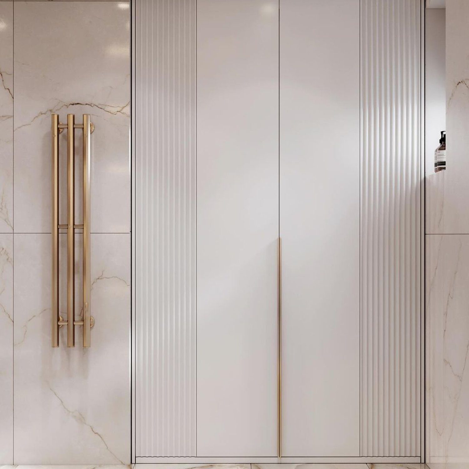 Elegant minimalist elevator design with marble walls and fluted glass panels