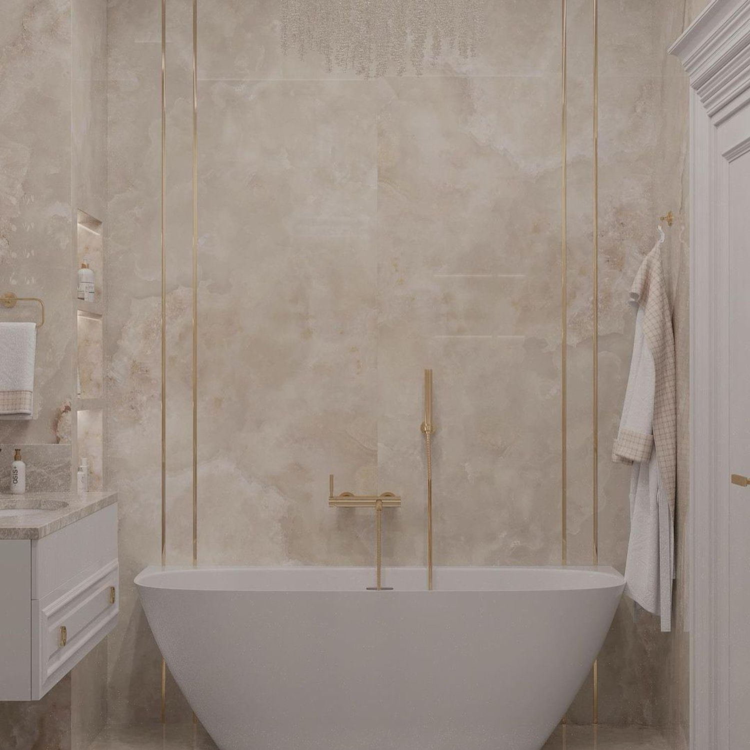 Elegant modern bathroom with a freestanding tub and golden accents