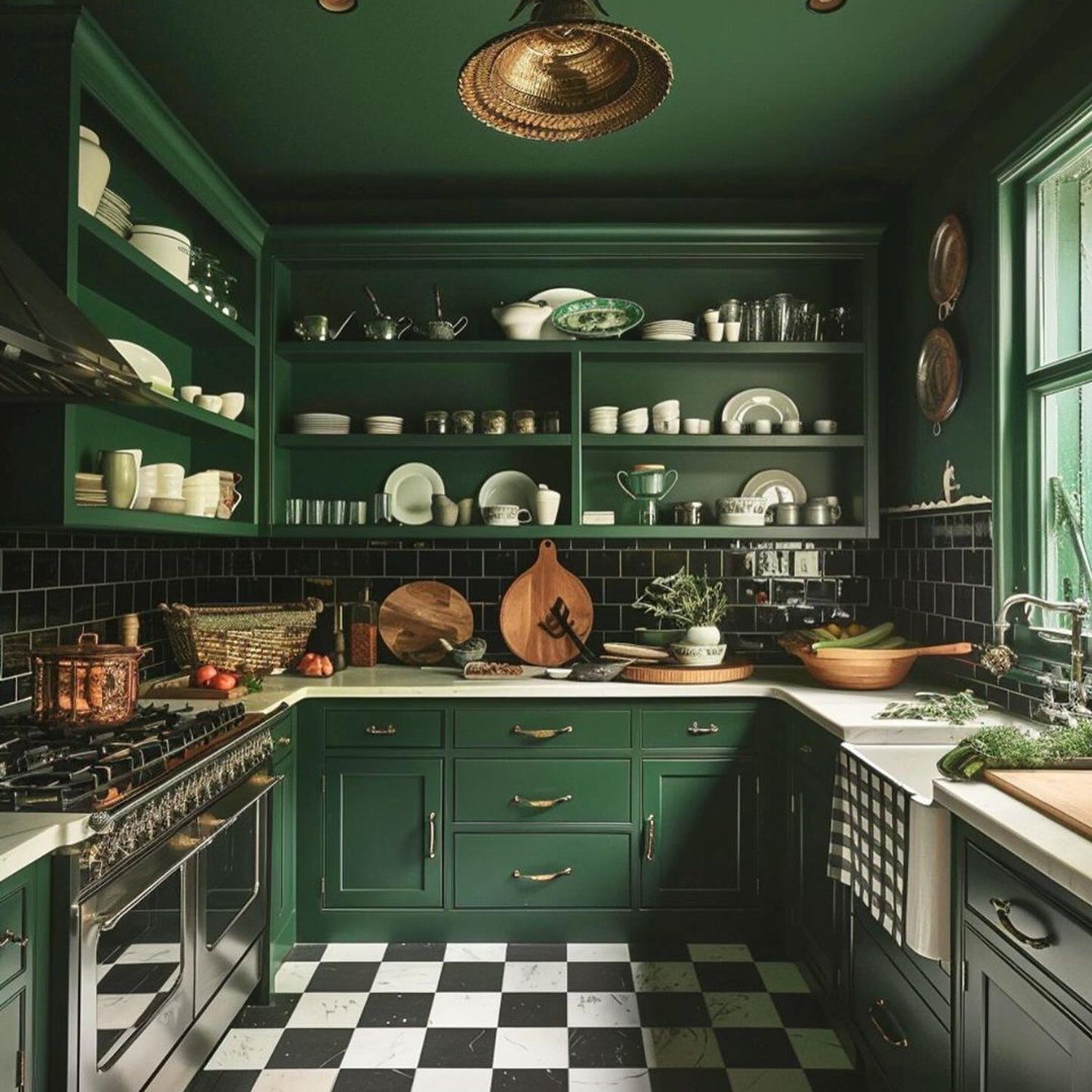 Elegant green kitchen with checkered floor