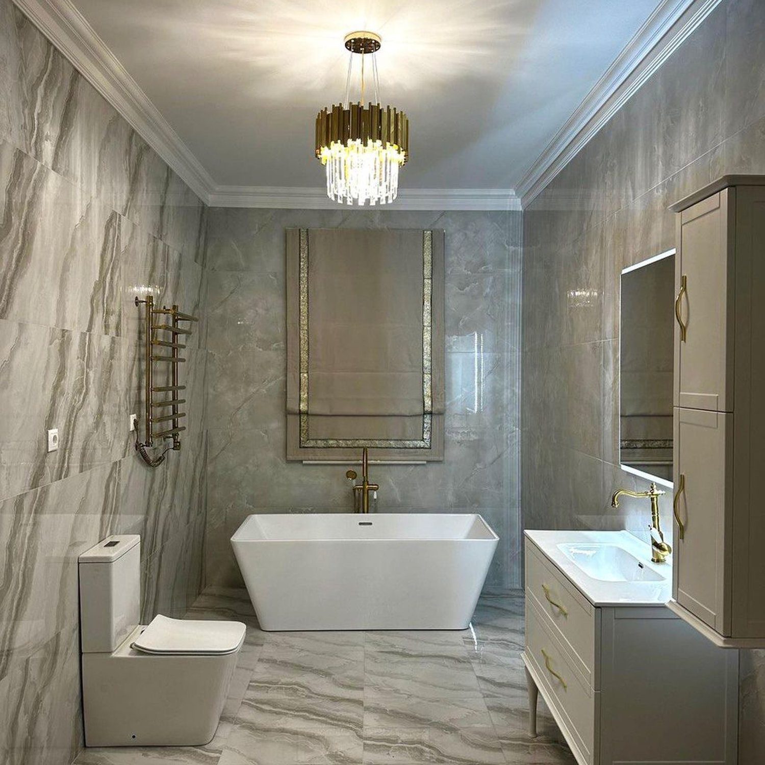 Elegant grey marble bathroom with modern fixtures