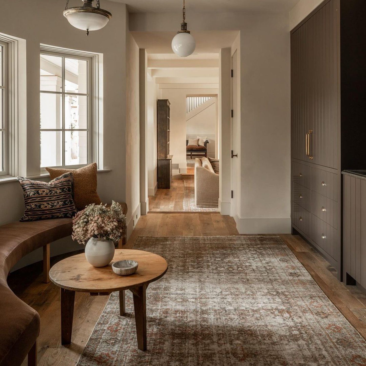 A harmoniously designed corridor blending modern and rustic elements