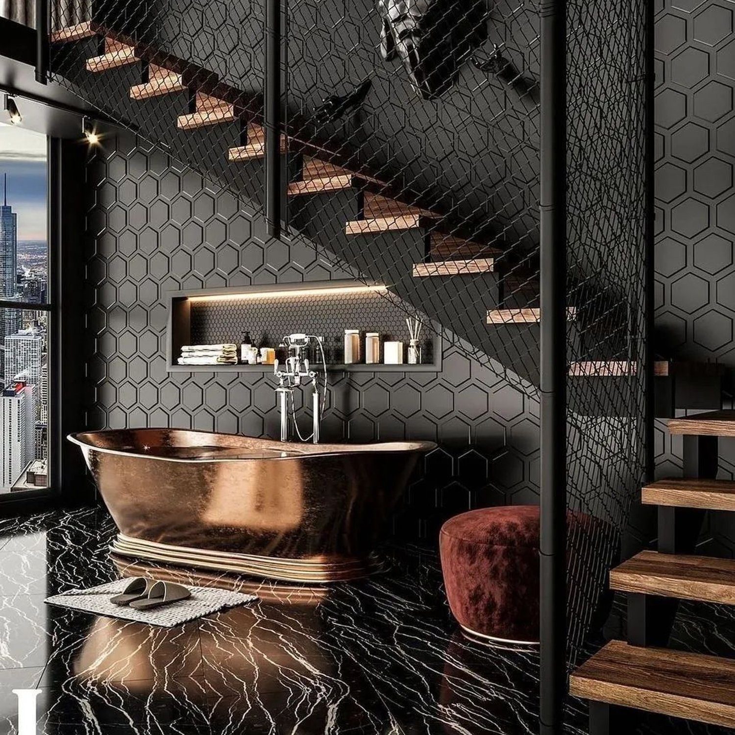 Luxurious Black Bathroom with Copper Bathtub