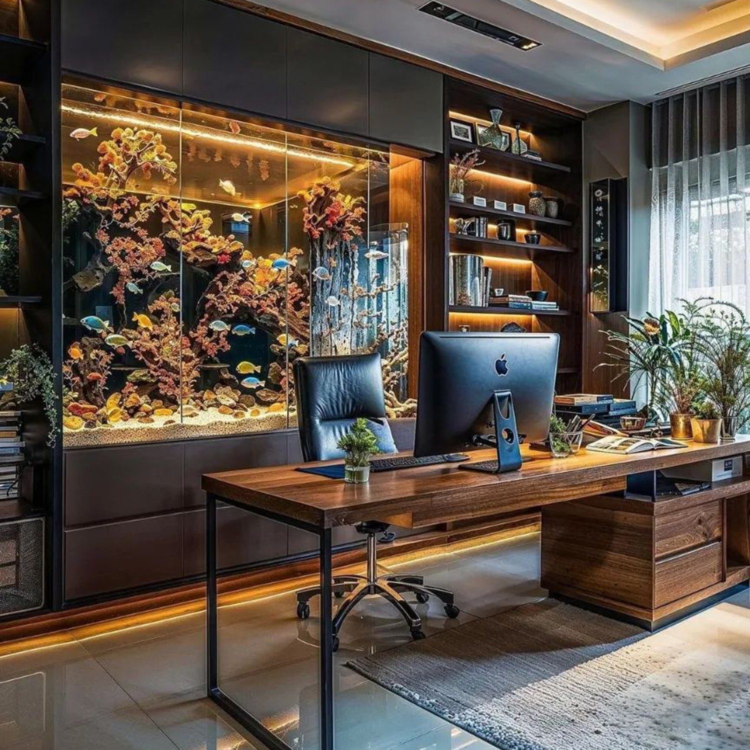 Elegant home office with a large built-in aquarium