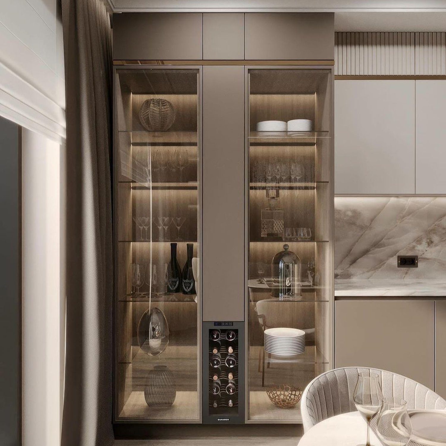 Elegant kitchen display cabinet with built-in wine cooler