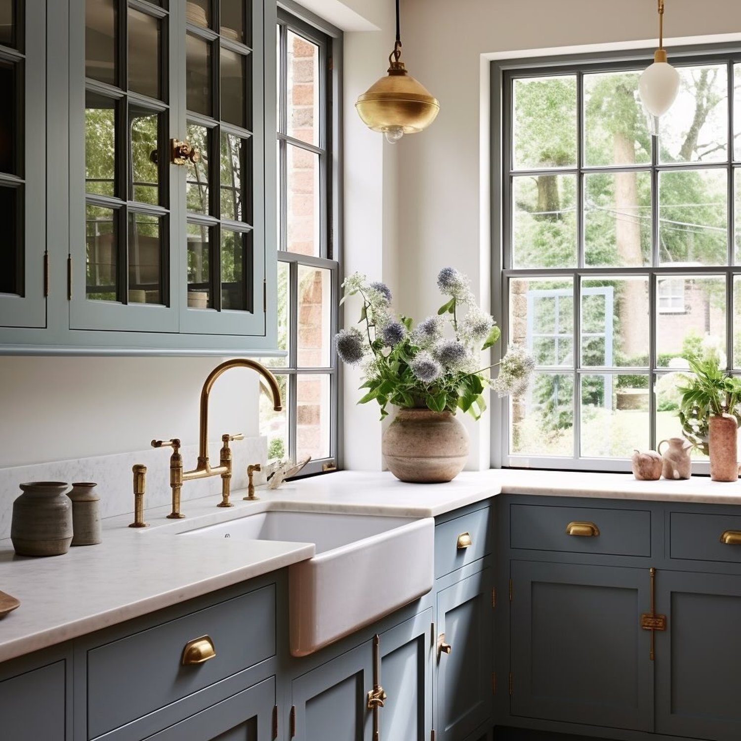 A chic and tranquil kitchen featuring blue cabinetry and brass fixtures