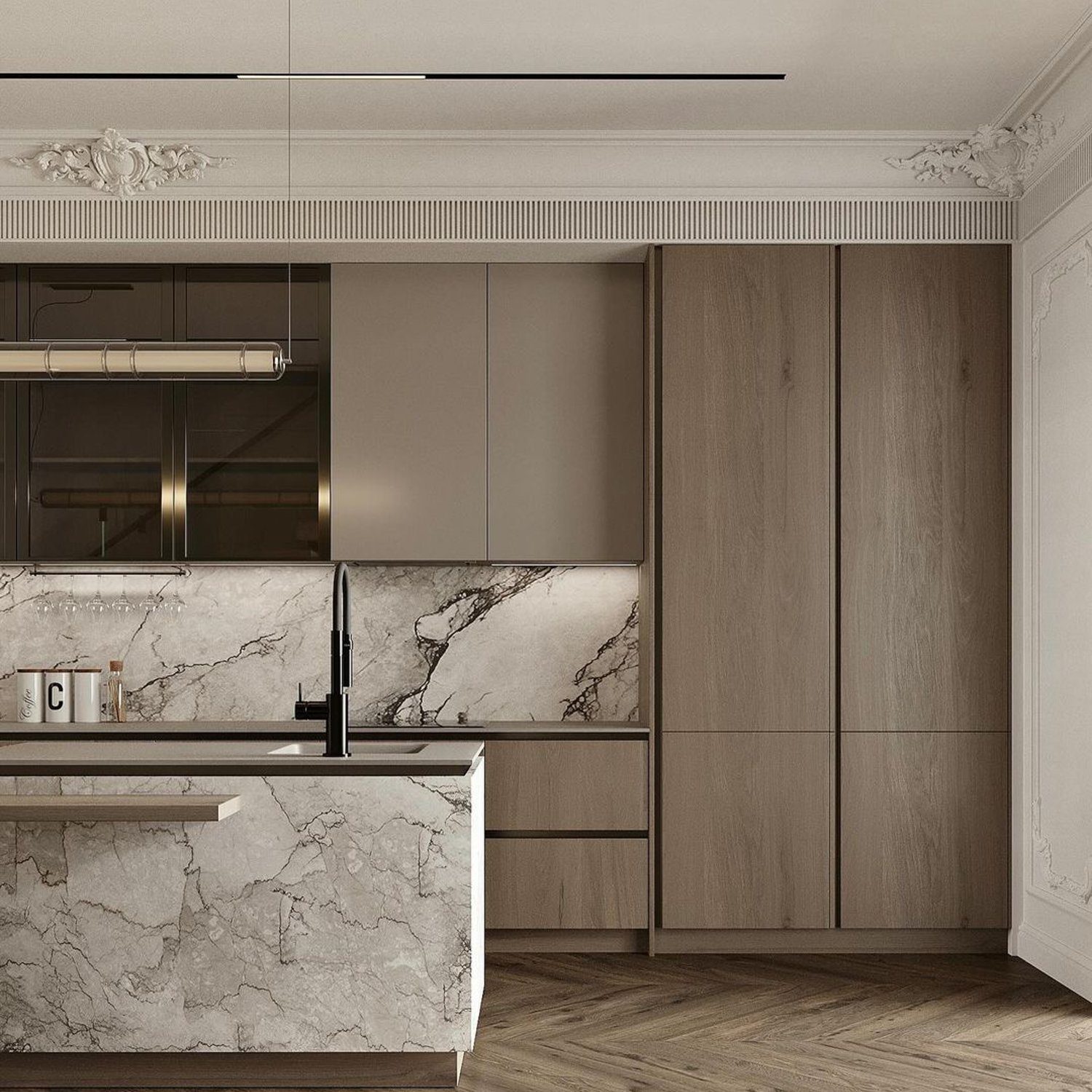 Elegant kitchen design with marble backsplash and wooden cabinetry