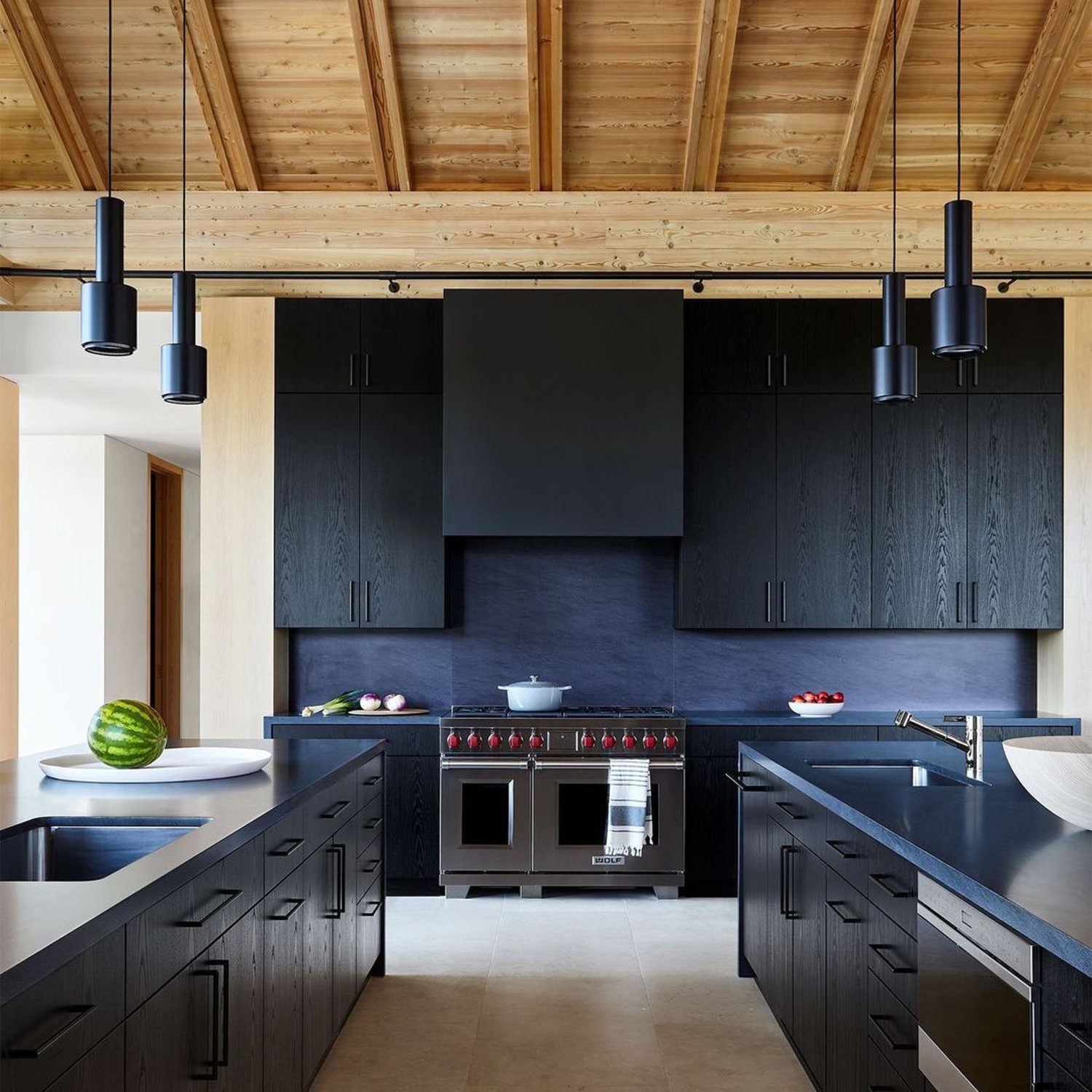 Modern kitchen with wooden ceiling beams