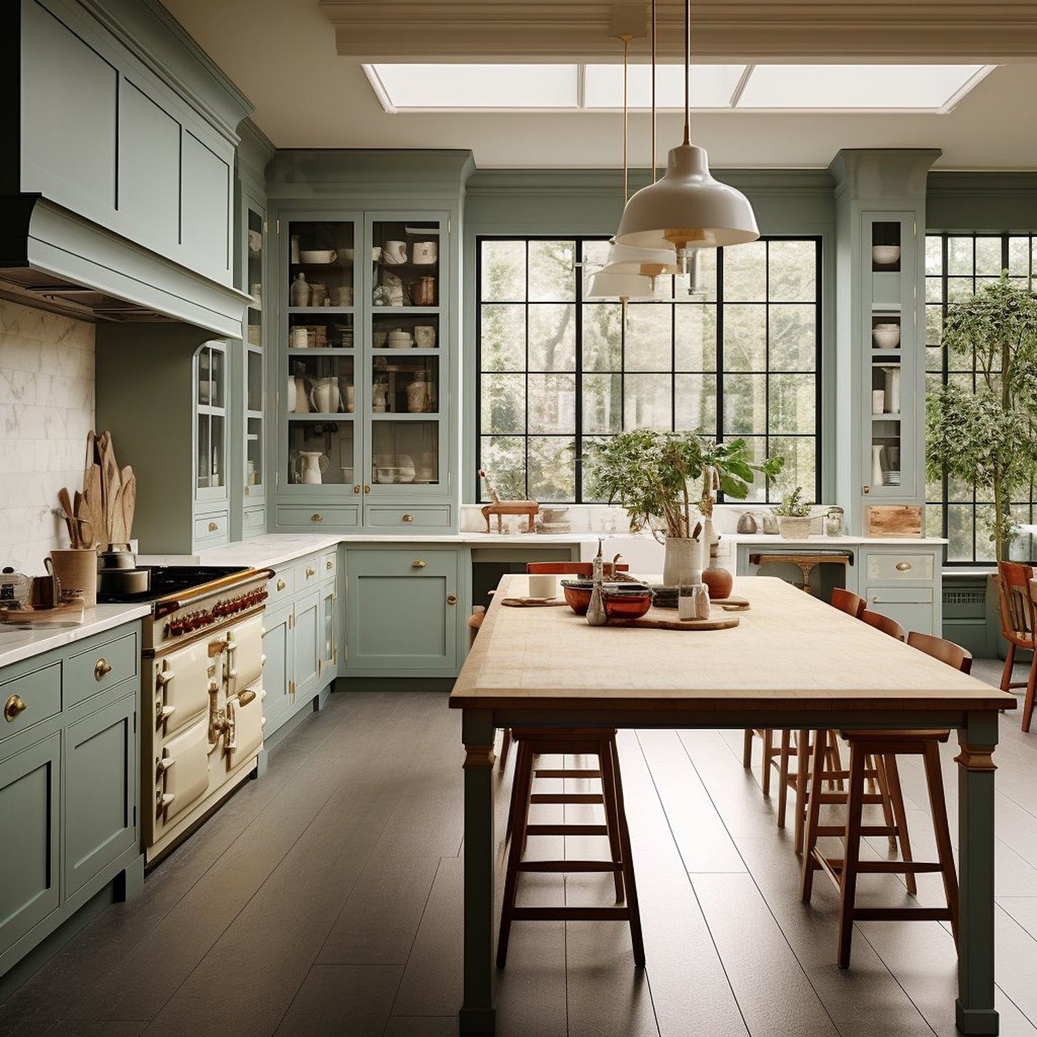 A tastefully designed kitchen space featuring soothing blue cabinetry and a wooden island centerpiece.