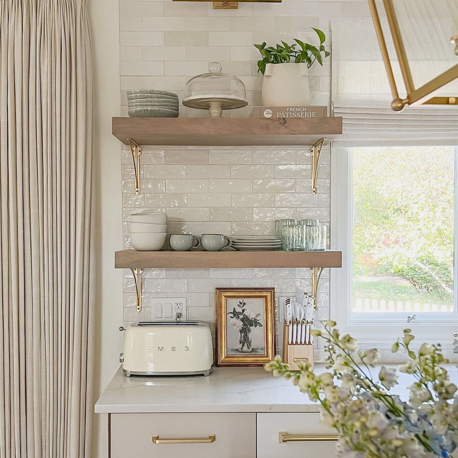 Elegant kitchen shelving with white and wood aesthetics