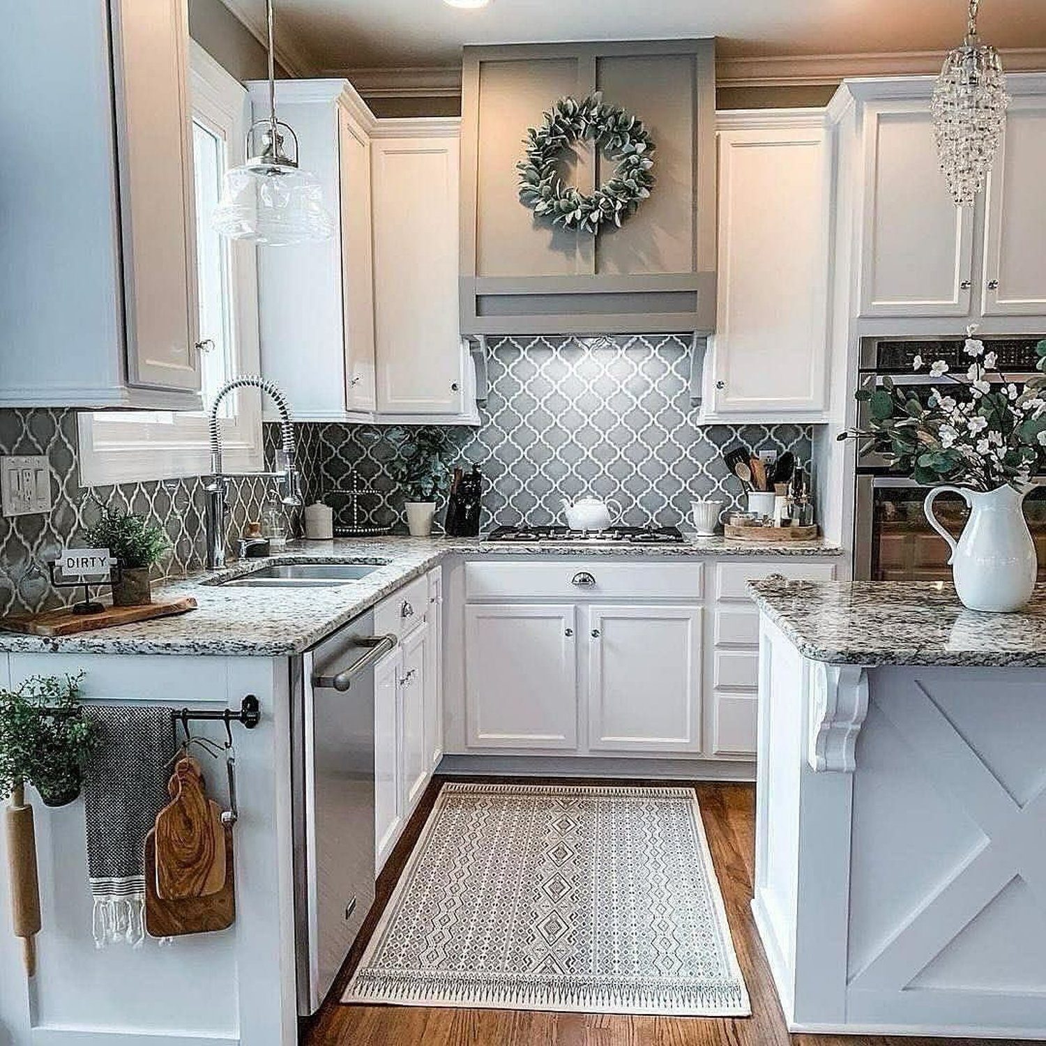 Classic and elegant kitchen design with white cabinets and geometric backsplash