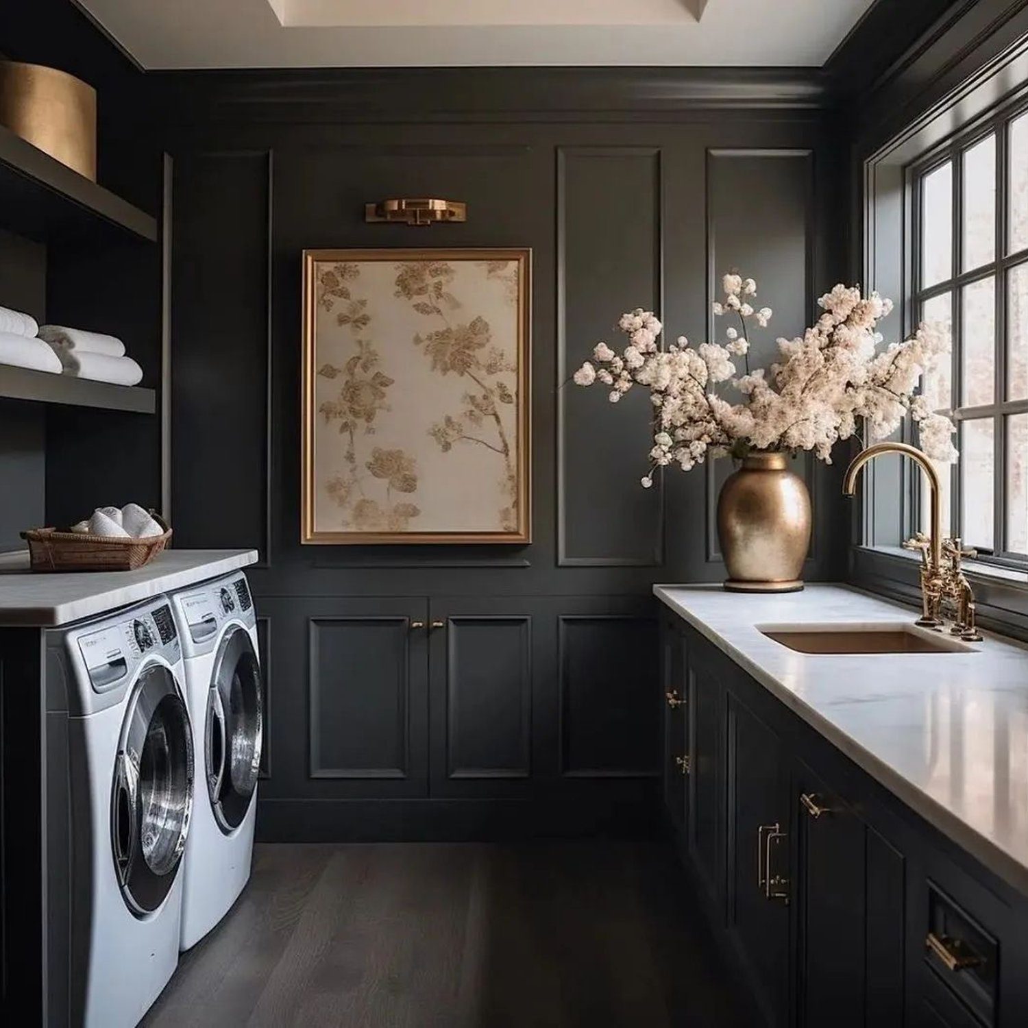 Elegant laundry room with a sophisticated dark palette