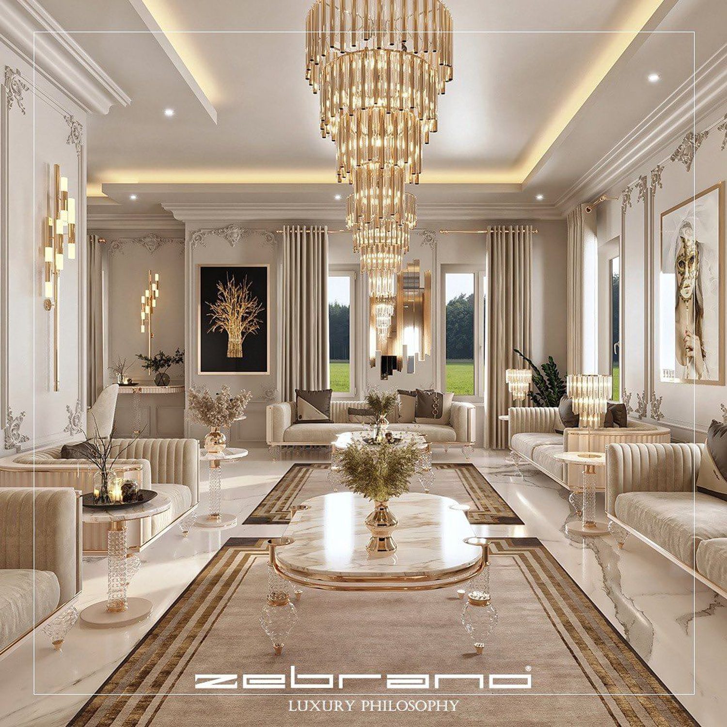 Luxurious and sophisticated living room design with elegant furnishings