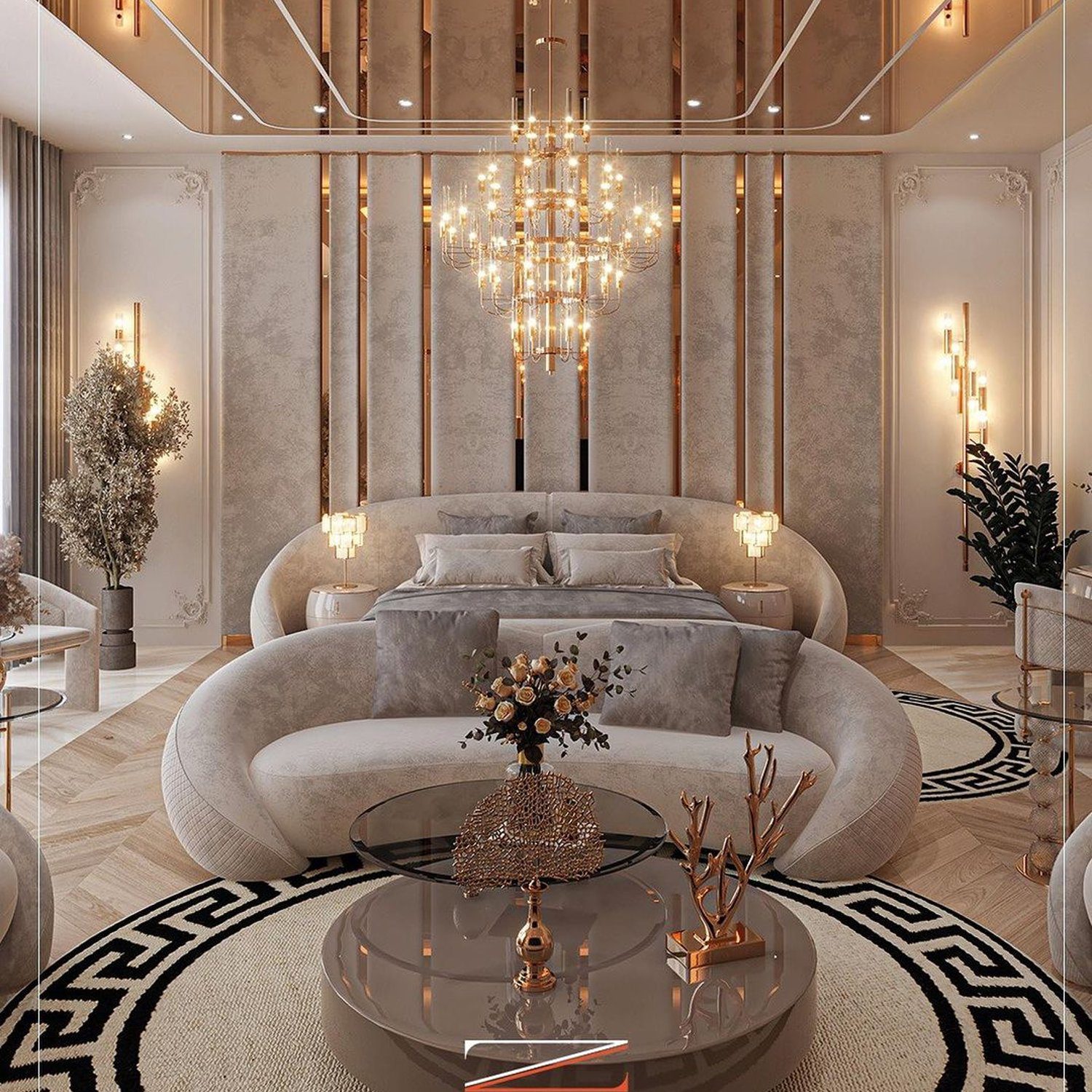 Luxurious living room with golden accents and modern lighting fixtures