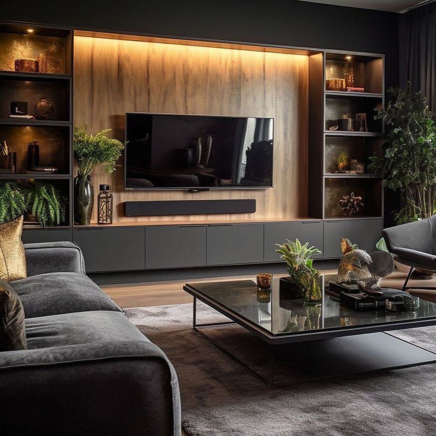 Elegant and modern living room design featuring a dark color palette and ambient lighting