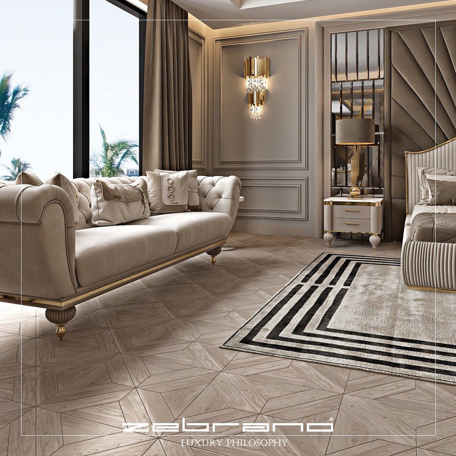 A sophisticated living room design featuring plush seating and elegant decor