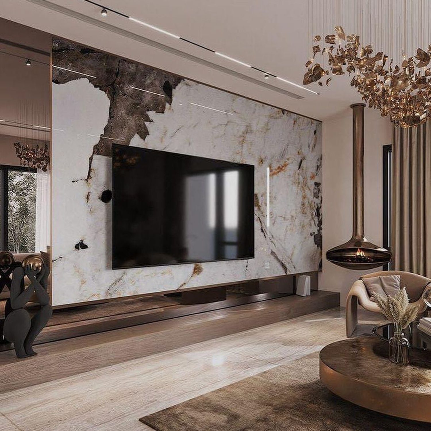 Elegant living room with a luxurious marble wall integrating a flat-screen TV