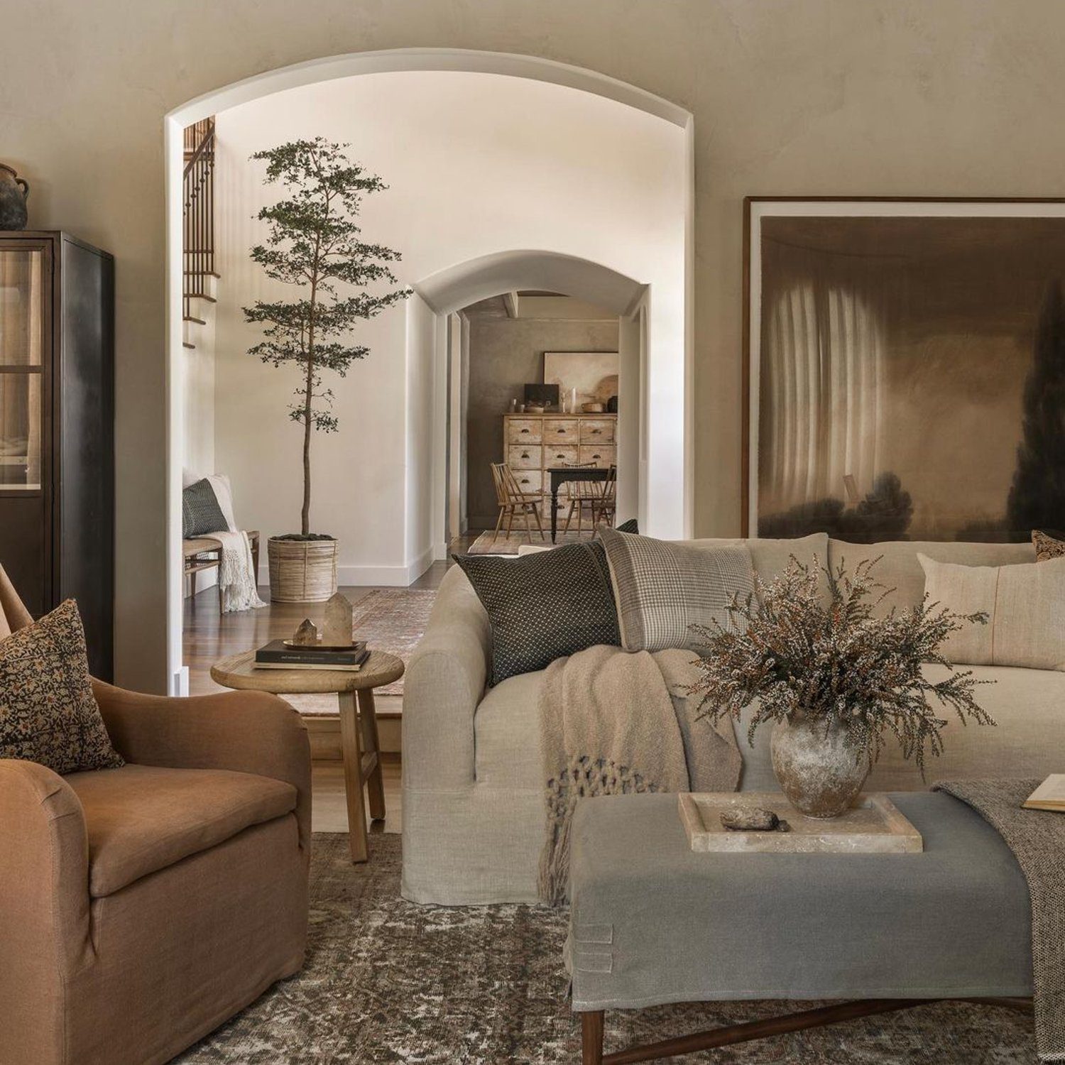 A tastefully designed living room with a neutral color palette