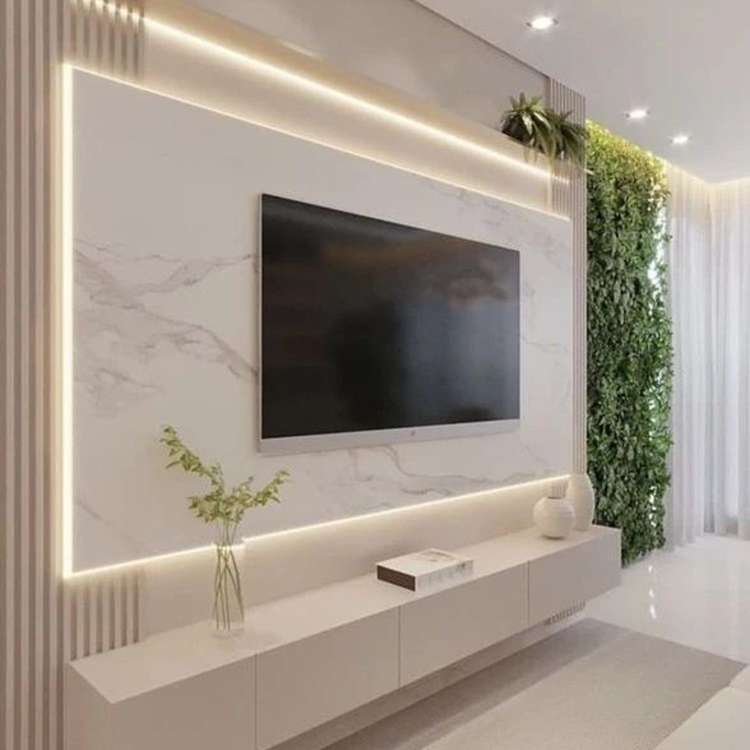 A modern living room with a wall-mounted TV