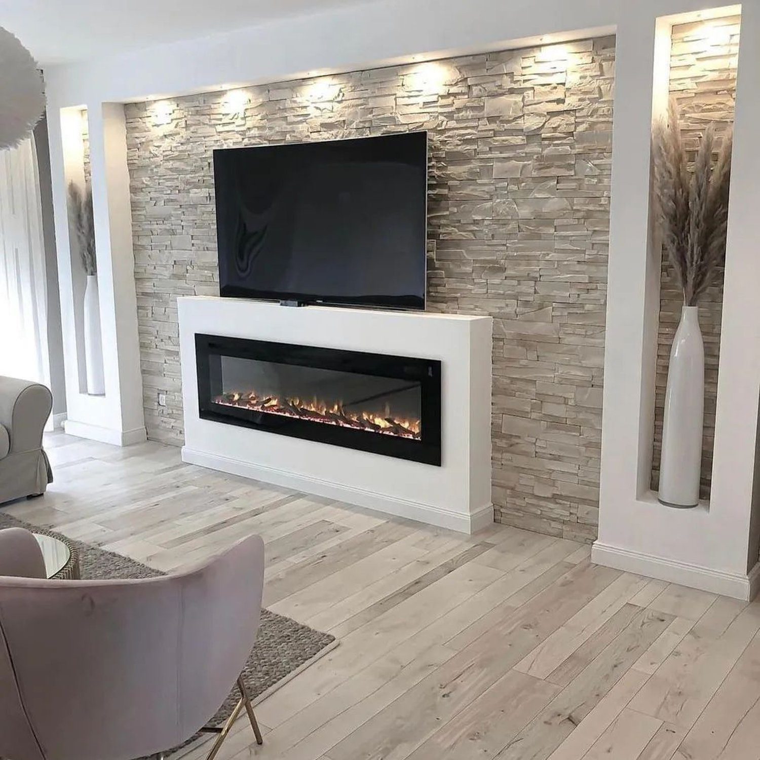 Elegant living room with stone feature wall