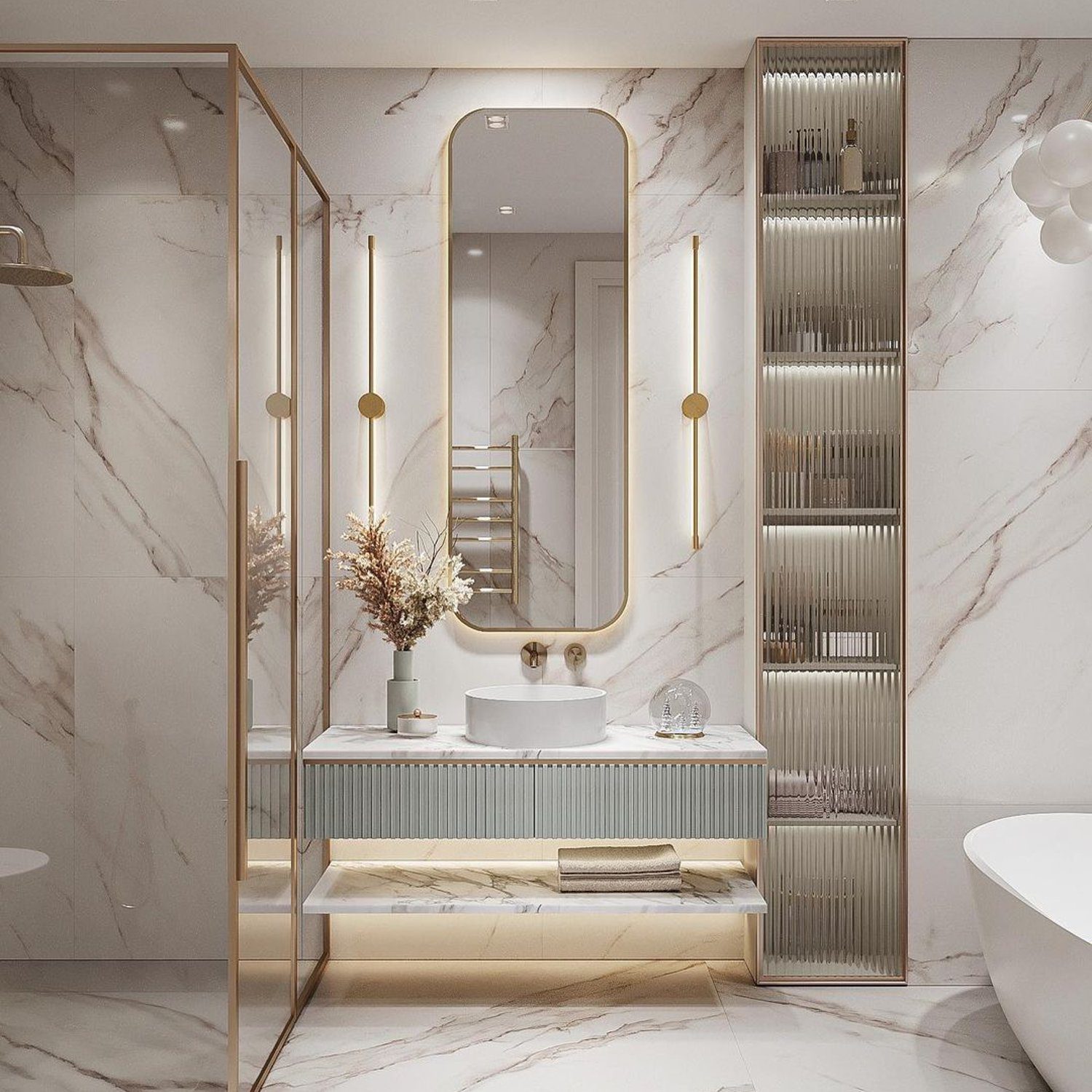 Elegant marble-themed bathroom with golden accents